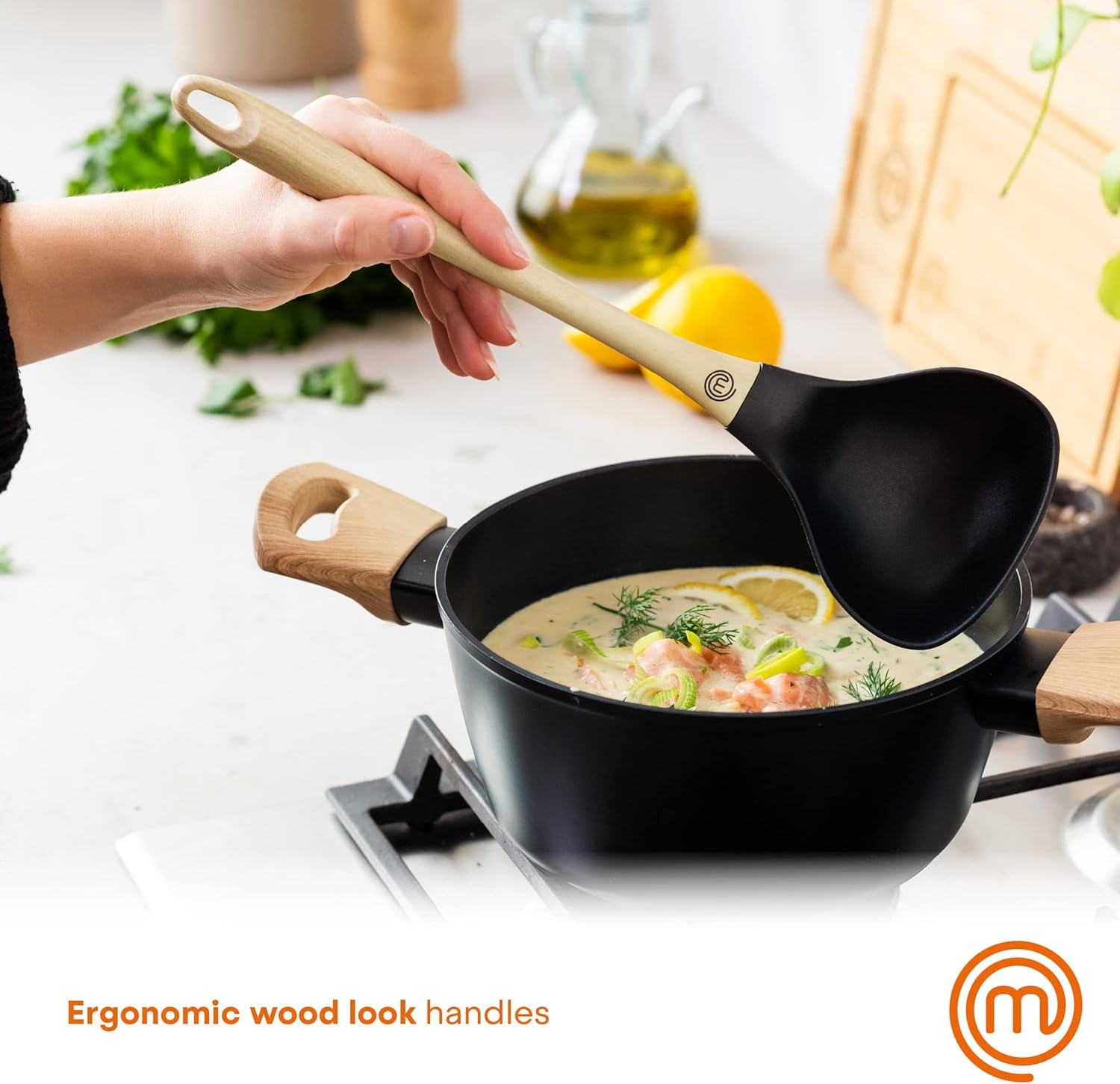 Masterchef Kitchen Utensils Set Dishwasher Safe, Non Toxic Cooking Utensils Set for Nonstick Cookware, Non Scratch Plastic Tools Incl. Spatulas & Spoons, Heat Resistant Nylon, 6 Piece, Natural Look - Multi Colored image number 5