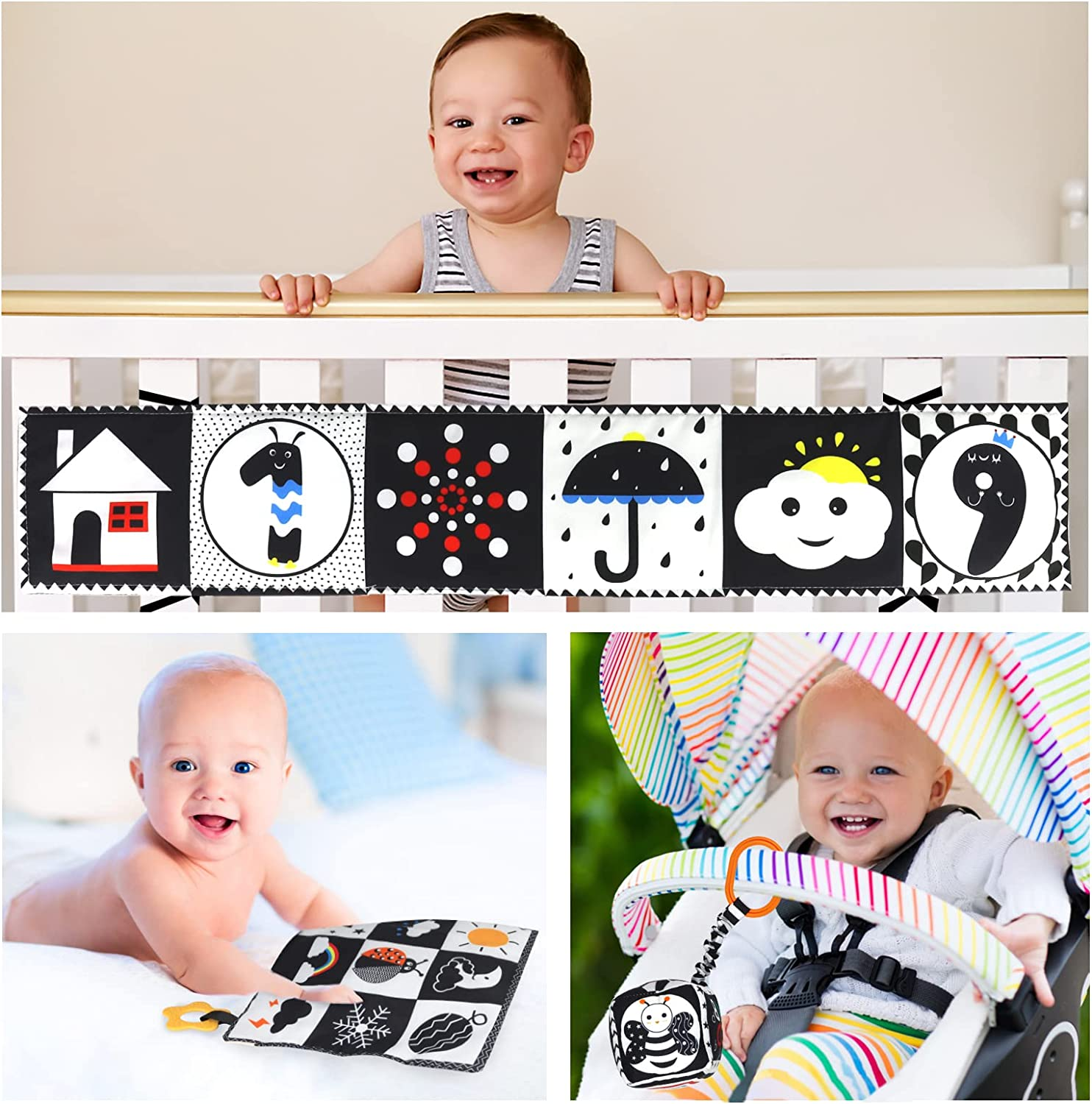 KUANGO 3 PCS Black and White High Contrast Baby Toys 0-3 Months for Newborn, Montessori Toys for Babies Sensory Soft Book for Early Education, Infant Tummy Time Toys 0 6 9 Months Baby Gifts image number 3