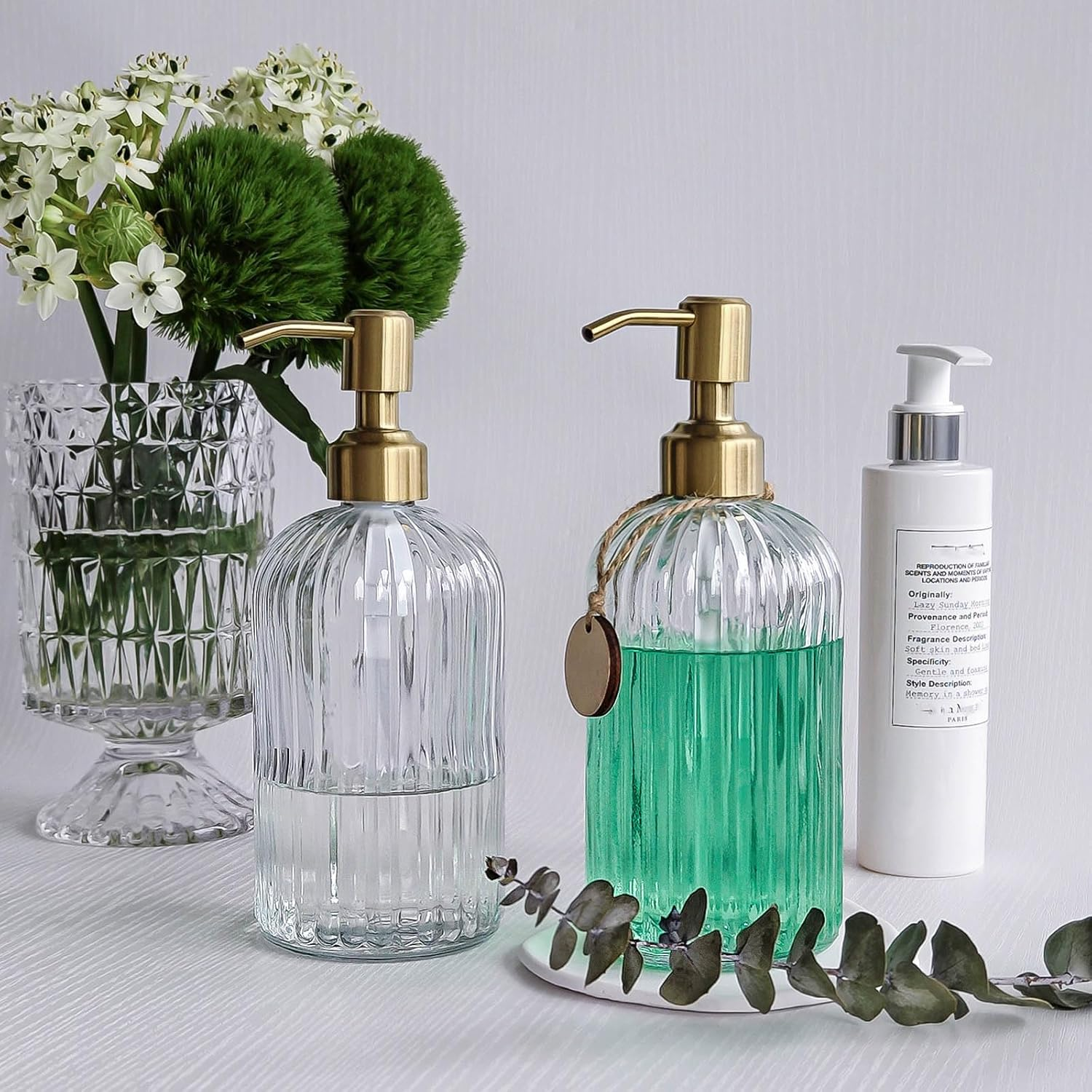 JASAI 2PACK 18Oz Fluted Glass Soap Dispenser with Golden Rust Proof Pump, Refillable Kitchen Soap Dispenser with Vertical Stripe, Bathroom Soap Dispenser for Dispense Hand Soap, Dish Soap, Lotion. image number 5