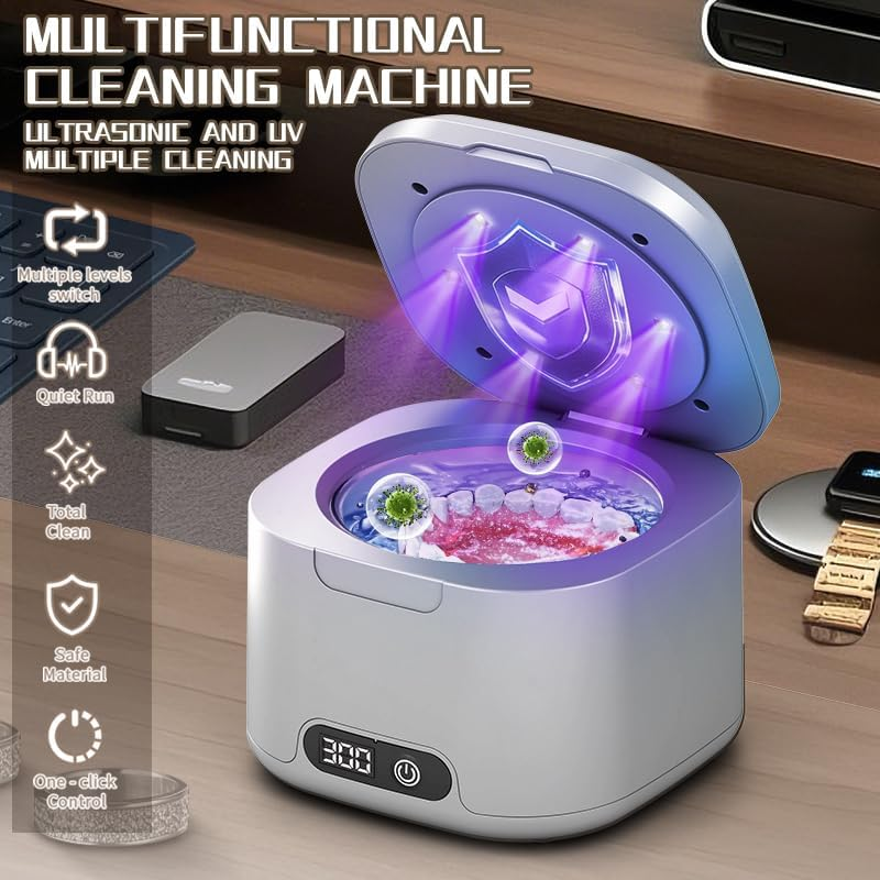 Ultrasonic Retainer Cleaner Machine, 49Khz Portable Dental Retainer Cleaner Pod for Dentures, Mouth Guards, Braces, Toothbrush Heads, Jewelry, 340ML Jewelry Cleaner Deep Cleaning, 4 Modes with Digital Timer image number 4