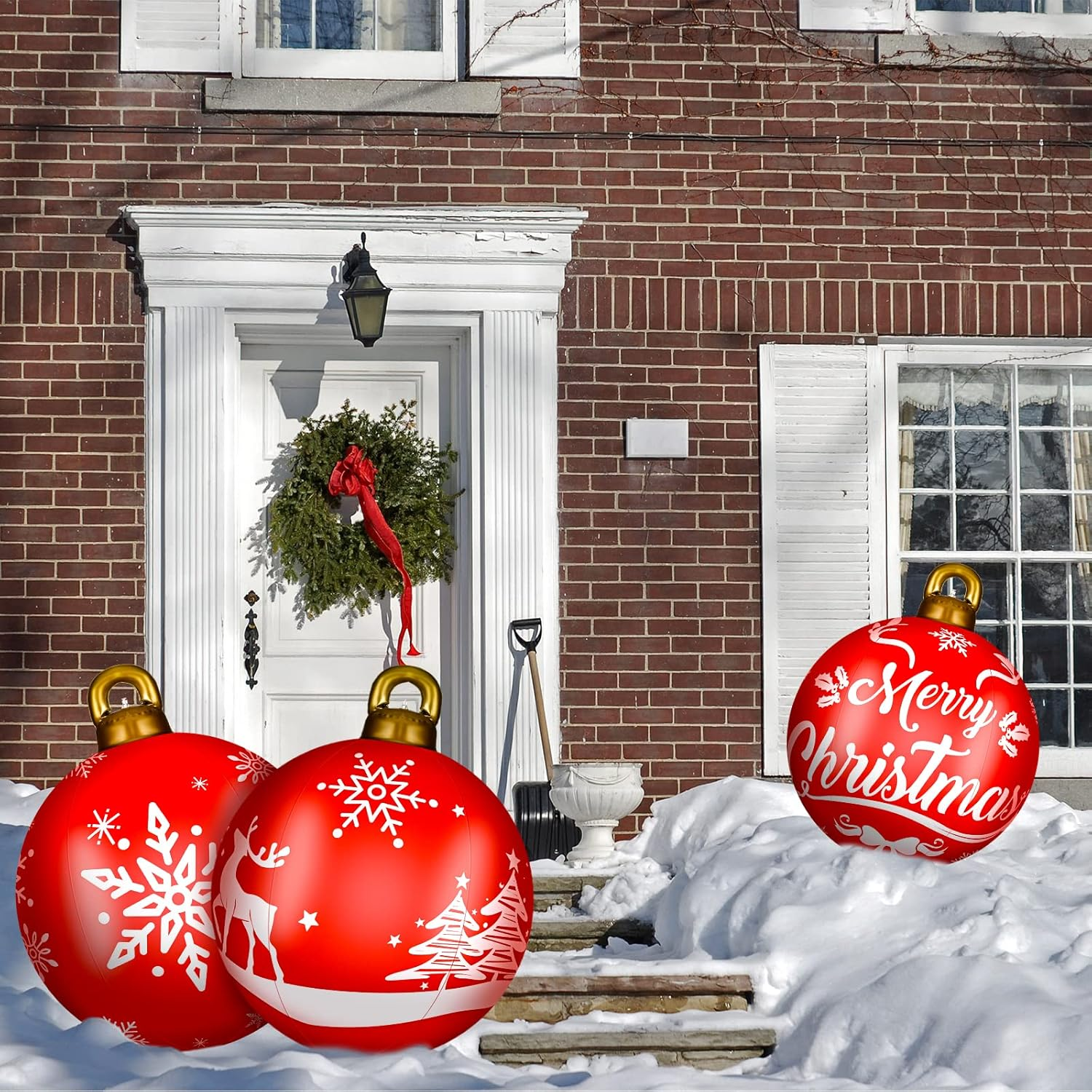 Jetec 3 Pcs 32" Giant Inflatable Christmas Ball PVC Inflatable Decorated Ball Large Holiday Inflatables Outdoor Decorations Xmas Blow up Yard Decor Giant Ornaments(Red,Snowflake) image number 4