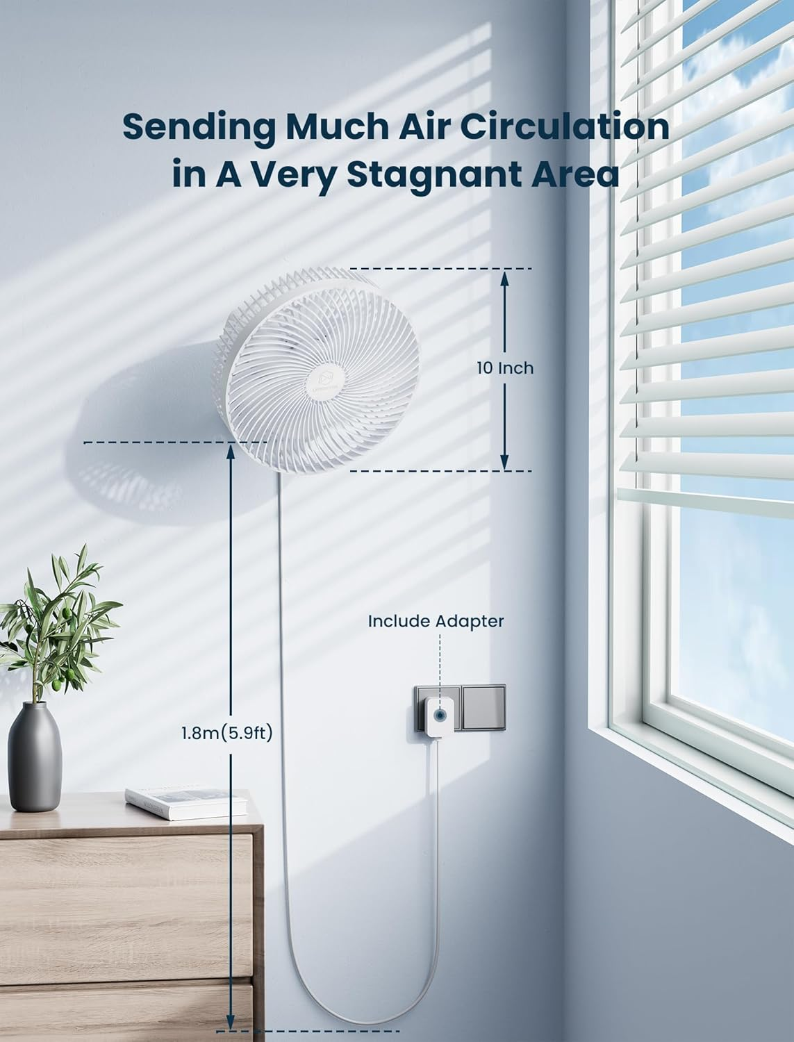 10 Inch Wall Mount Oscillating Fan with Remote and Timer, Small Bedroom RV Fan with 4 Speeds, Quiet Operation,90&deg;Oscillation, Adjustable Tilt,5.92 Ft Wire, Cooling Bathroom Wall Mounted Fans image number 2