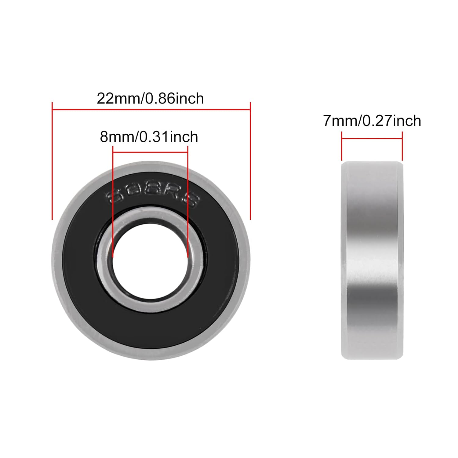 24PCS 608-RS Ball Bearing - Double Rubber Sealed Shielded Miniature Deep Groove 608Rs Bearings for Skateboards, Inline Skates, Scooters, Roller Blade Skates & Long Boards image number 4