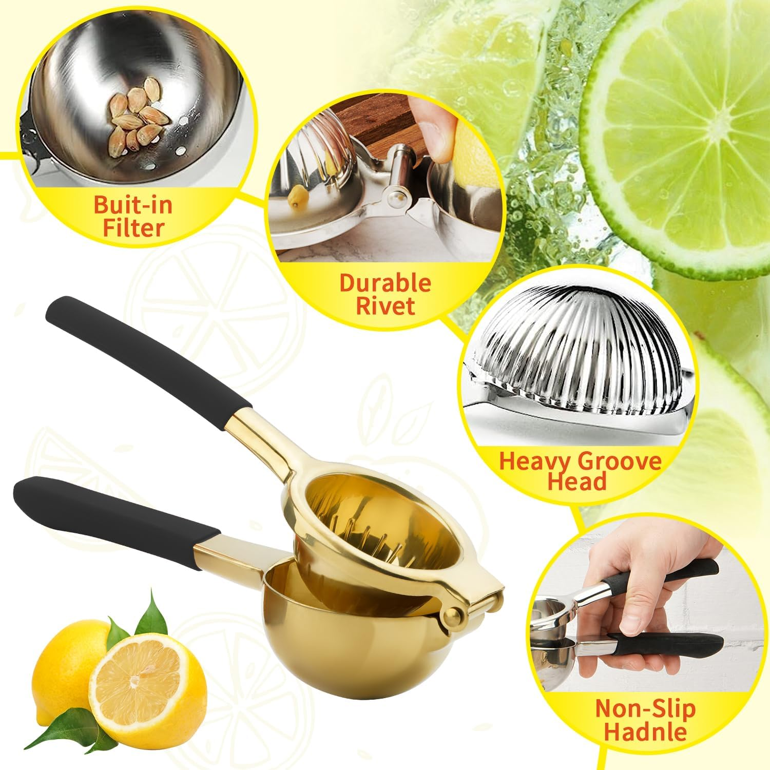 Lemon Squeezer, Large Heavy Duty Handhelp Juicer for Lemon, Stainless Steel Hand Press Citrus Juicer, Lime Squeezer Bar Tool, Manual Citrus Press (Gold & Black) - Gold image number 6