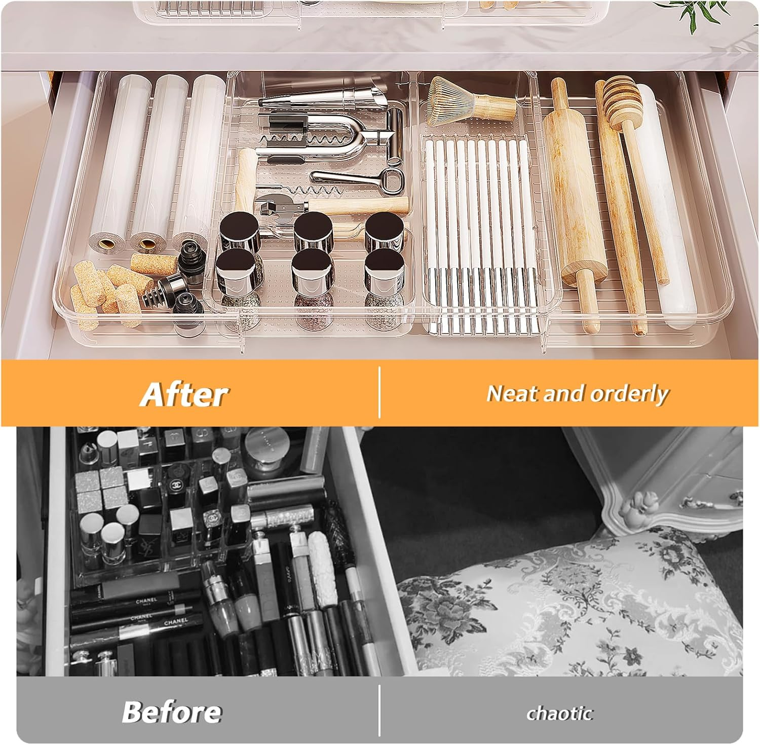 Ruaizel Cutlery Drawer Organiser, Expandable Utensil Tray with Adjustable Dividers, Adjustable Silverware and Flatware Holder for Kitchen Spoons Forks Knives, 28-48.5Cm (Transparent) image number 6