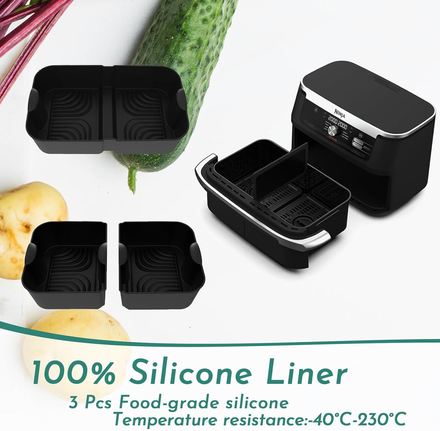 Marakruki 3Pcs Silicone Air Fryer Liners for Ninja AF500 XXXL, Reusable 10.4L Flexdrawer, 2 Pcs for Dual 5.2L Baskets + 1 Pcs for 10.4L Megazone Basket