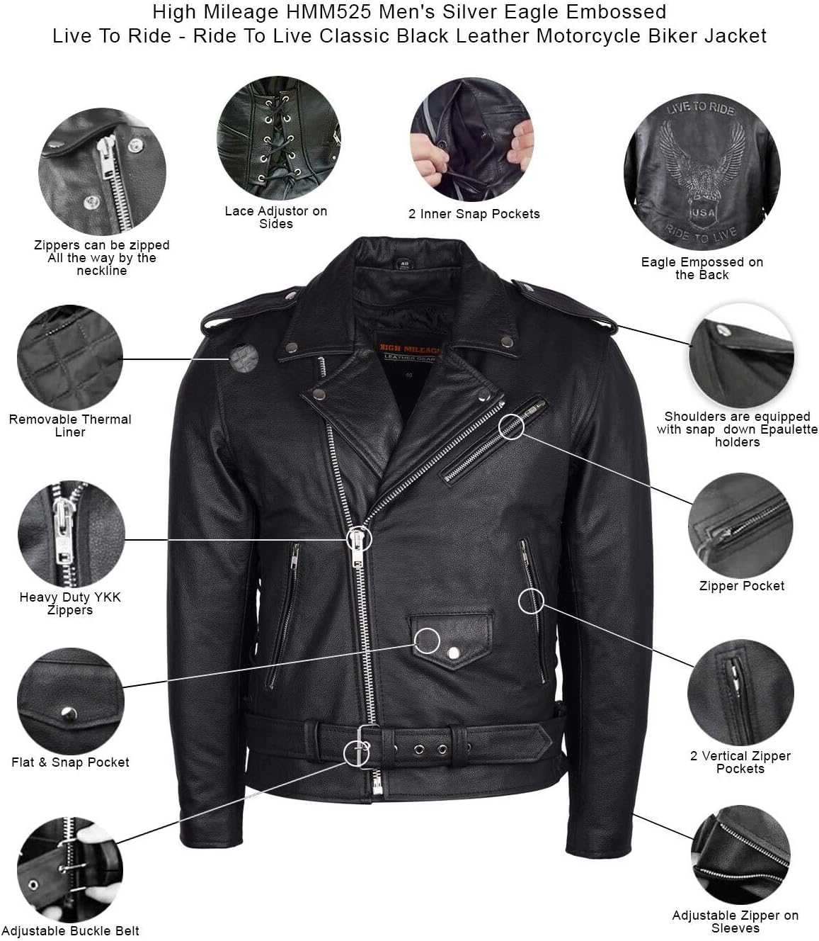 Men'S Eagle Embossed Live to Ride - Ride to Live Classic Black Leather Motorcycle Biker Jacket image number 3