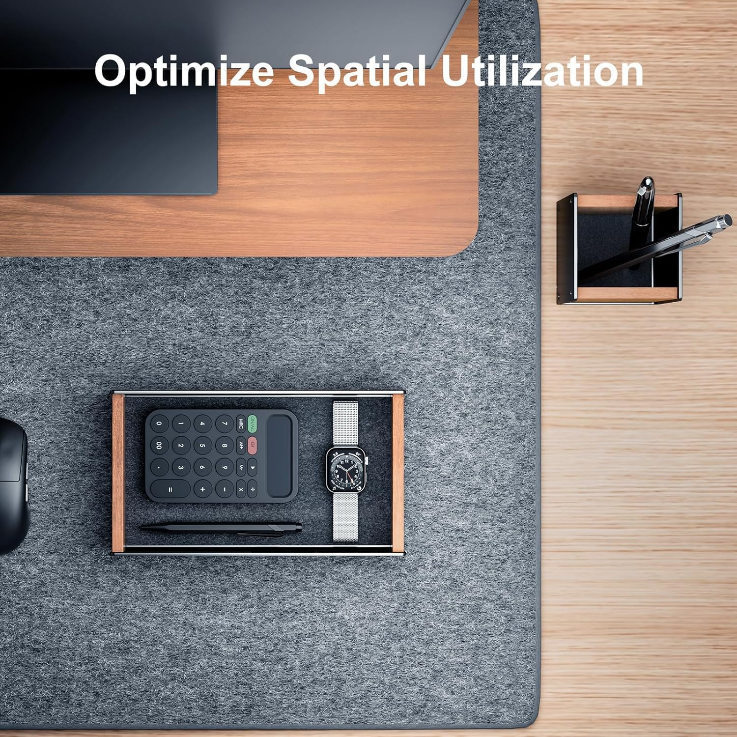 Walnut Wood Desk Tray with Pen Holder Set, Natural Wooden & Aluminium Desk Office Draw Organizer Tray for Keys, Pen, Watch image number 2