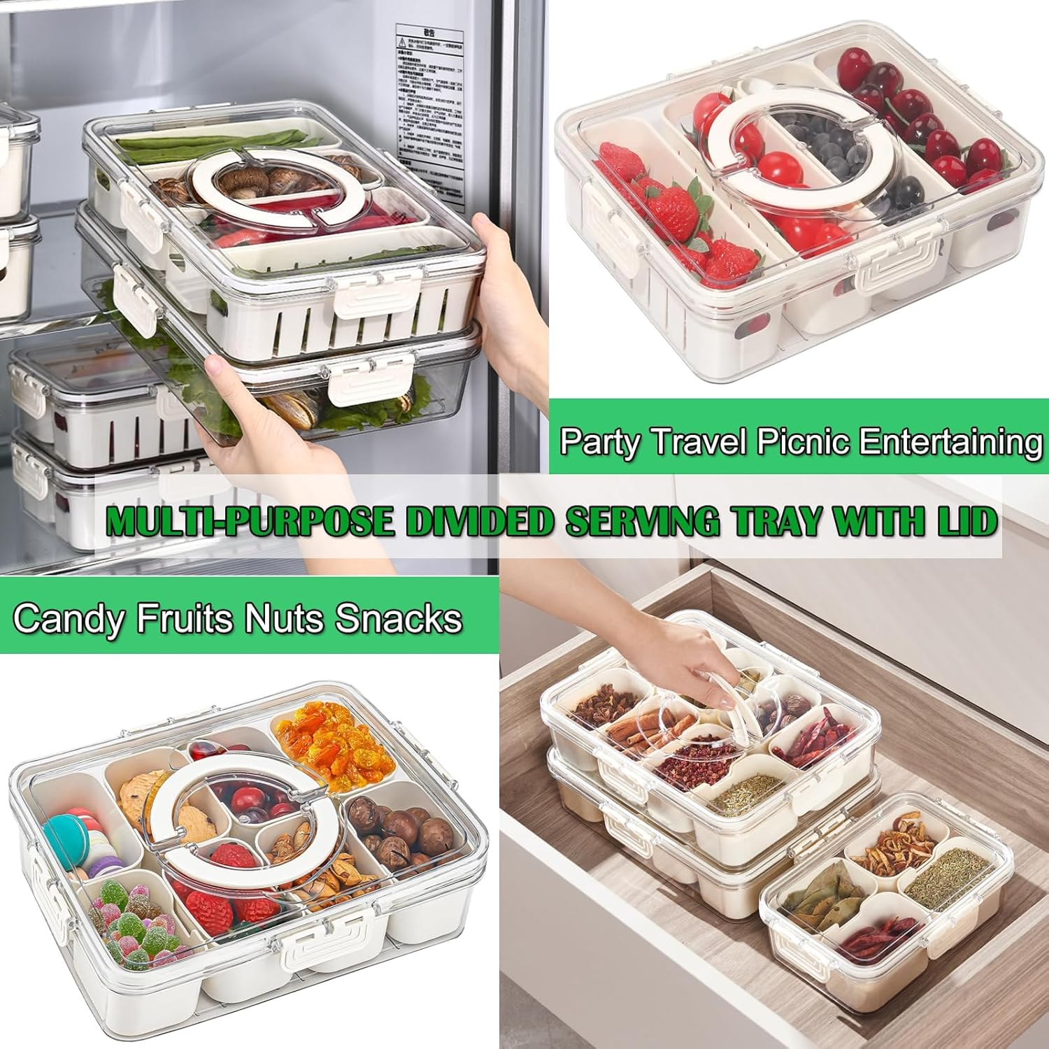 2 Pack Divided Serving Tray with Lid and Handle, Food Storage Box with 12 Plastic Compartment Platters, Portable Snack Platters Clear Organize, Candy Fruits Veggie Snacks Party Entertaining Picnic image number 2