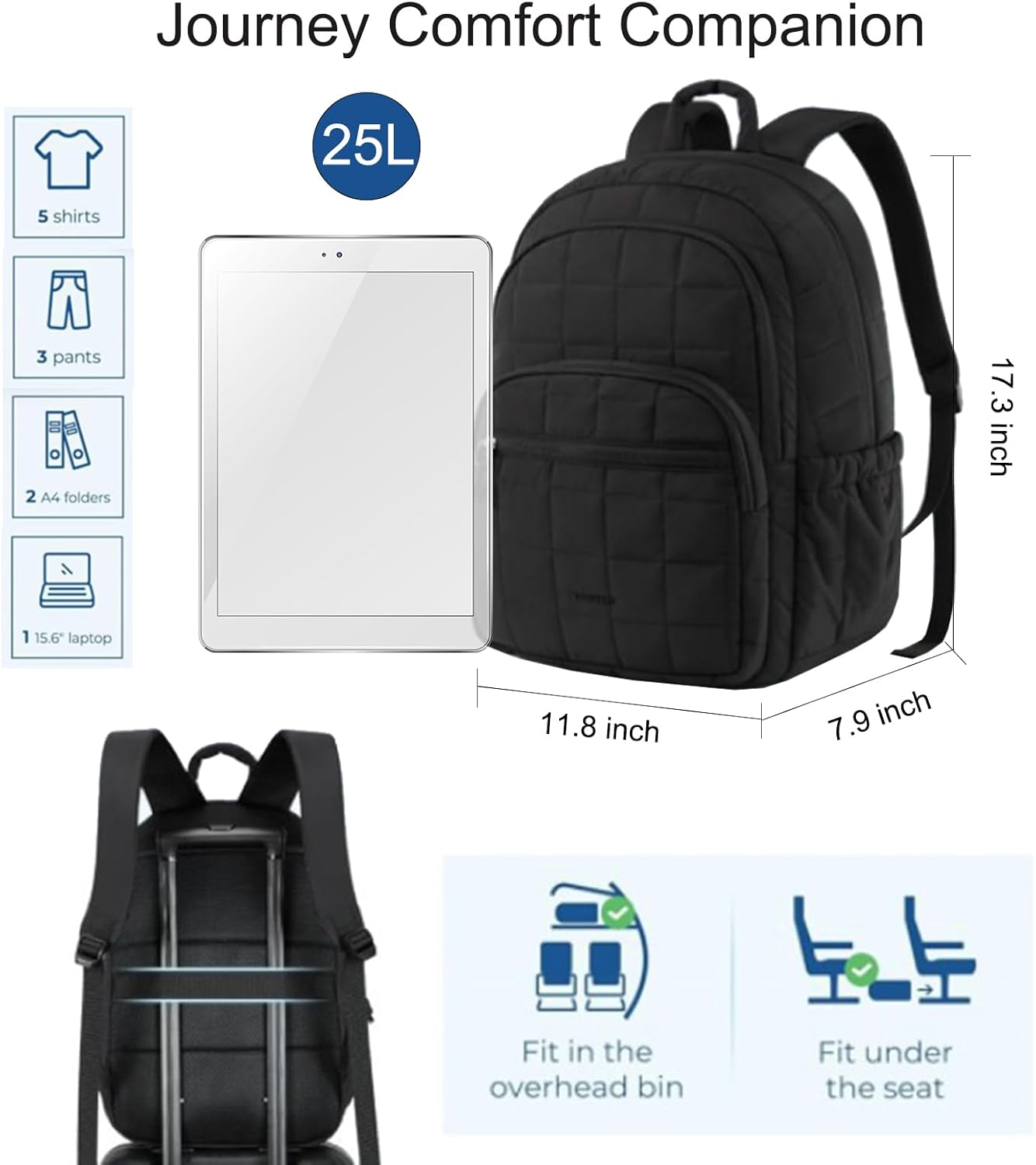 Seyfocnia Laptop Backpack for Women, 15.6 Inch Quilted Travel Backpack, Water-Resistant Casual Lightweight Daypack for Work Business Computer, Black image number 1