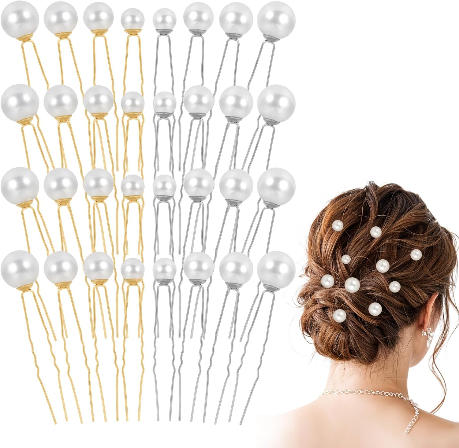 YBEATY 32 Pieces Wedding Hair Pins with Beads for Brides U Shape Bridal Hair Pins Rhinestone Hairpins Silver Hair Accessories White Pearls Hair Accessories for Brides Bridesmaids Women Styling Silver image number 5