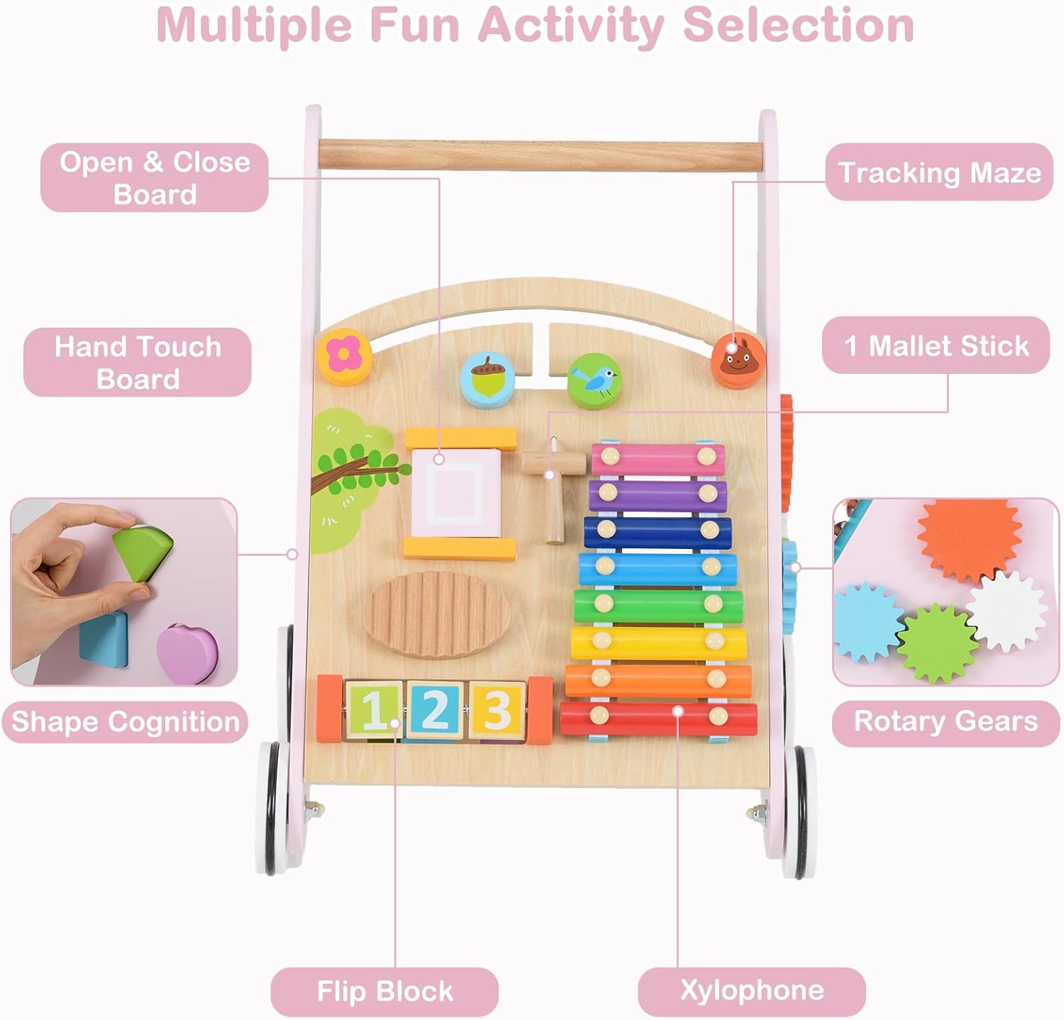 INFANS Wooden Baby Walker, Montessori Walker with Multiple Activity Toys, Storage, Push Walker Toys for Infant Learning to Walk, Sit to Stand for Boys Girls Aged 1+ Years (Pink) - Pink image number 2