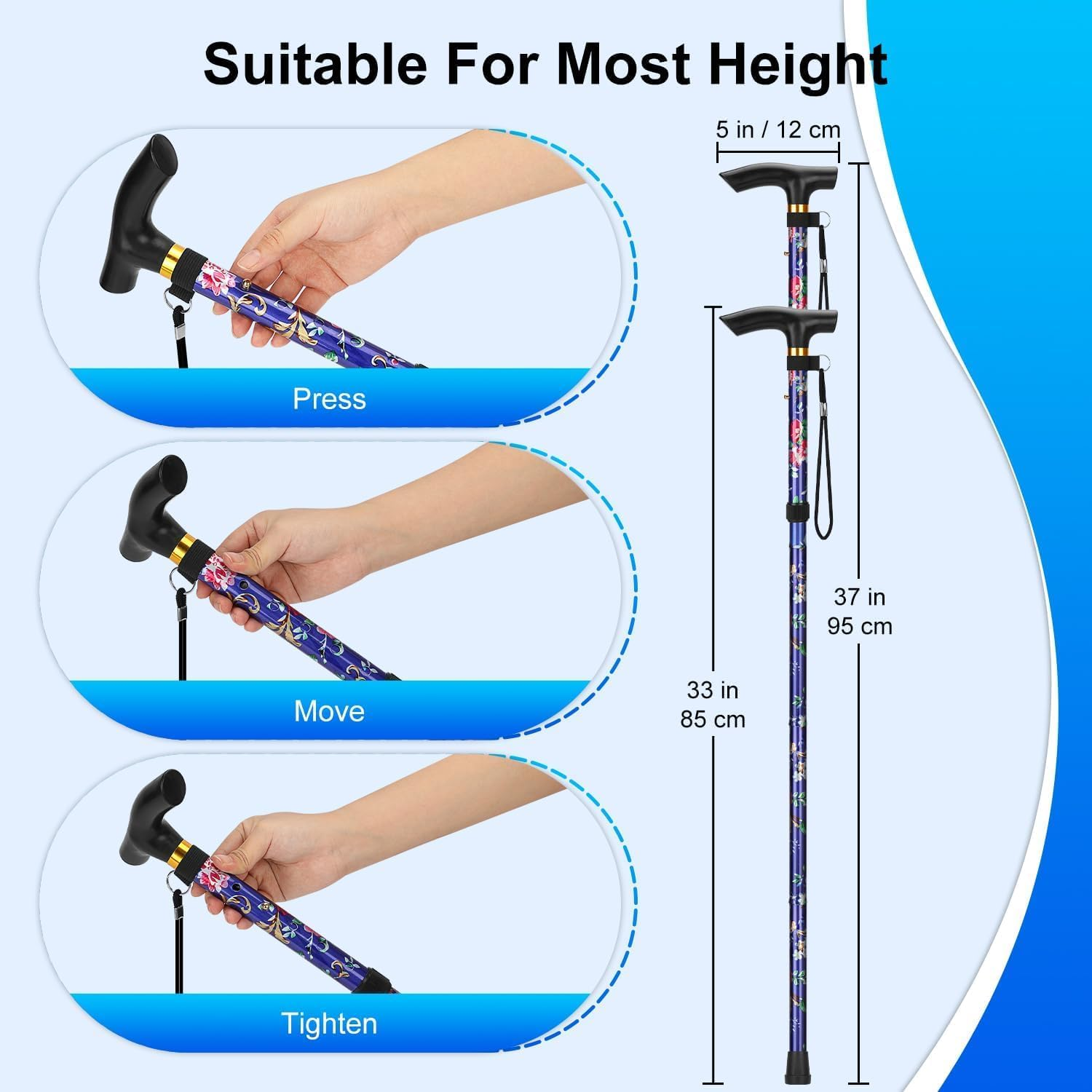 Adjustable Walking Stick,Lightweight Aluminium Hiking Stick with Ergonomic Handle,Folding Collapsible Trekking Poles, Travel Mountaineering Cane Black Climbing Stick image number 5