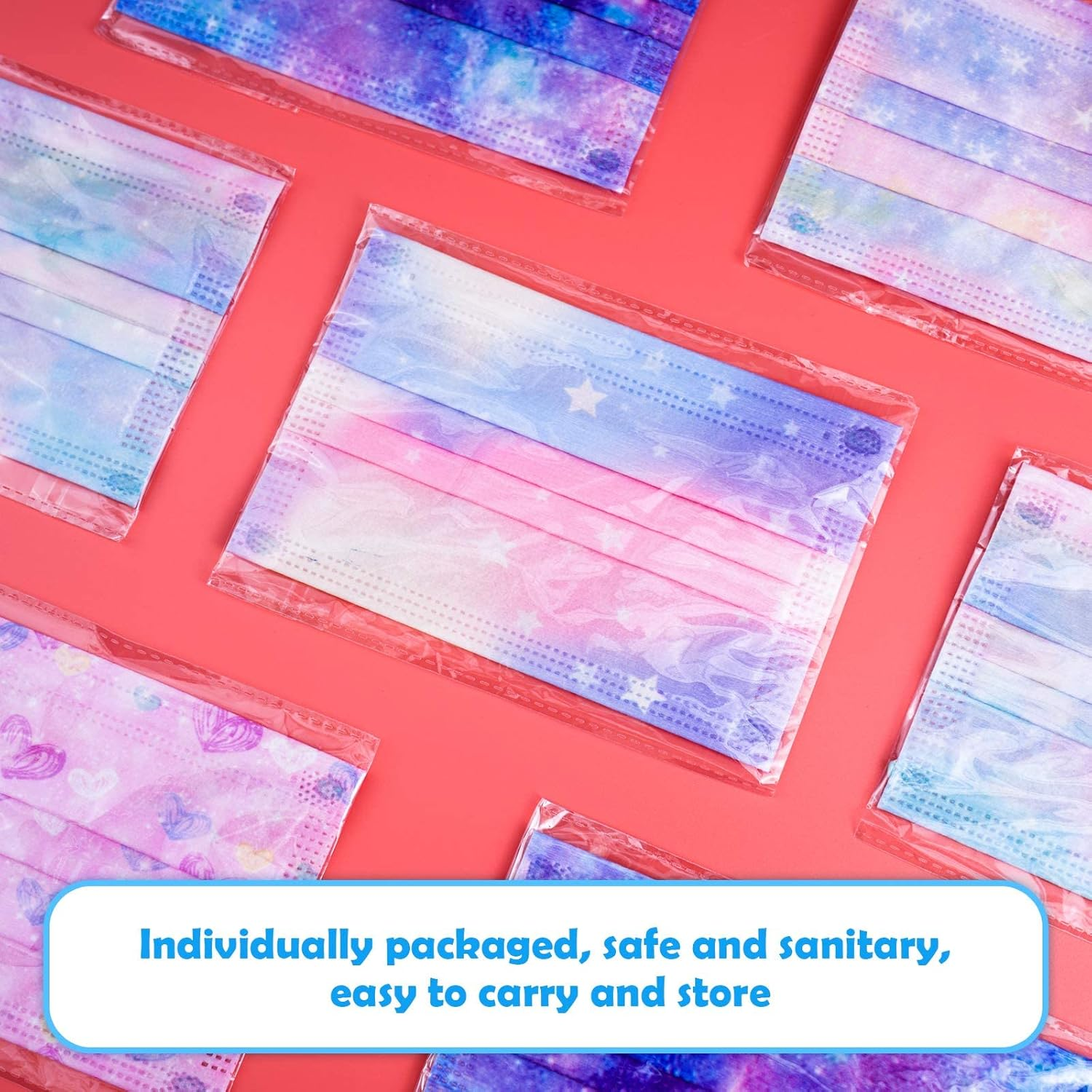 60PCS Kids' Disposable Protective Face Masks for Girls Fantasy Universe Magic Rainbow Mesh Princess Gradient Colors Star Heart Pattern Individually Wrapped Skin-Friendly 3-Layer Filter Comfortable Fit image number 2