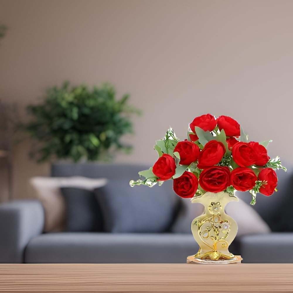 Hbluefat Fake Flowers in Vase,Mini Artificial Flower with Golden Ceramic Vase,Small Silk Roes Faux Flower Arrangements for Home Office Dining Table Centerpiece Coffee Table Decor (B Style,Red-Bud) - B Style,Red-Bud image number 4