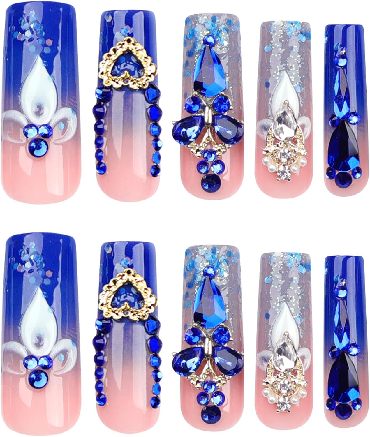 QQPPOLIU Royal Blue Press on Nails Long Square Acrylic False Nails with Rhinestones Designs 24Pcs image number 2