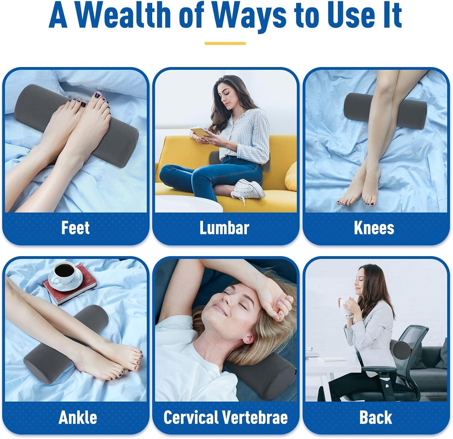 Seat Cushion, Lumbar Roll Support Pillow for Office Chair, Car, Gaming Chair, Memory Foam Back Cushion with Washable Cover for Relieving Back Pain & Improving Posture,Grey image number 6