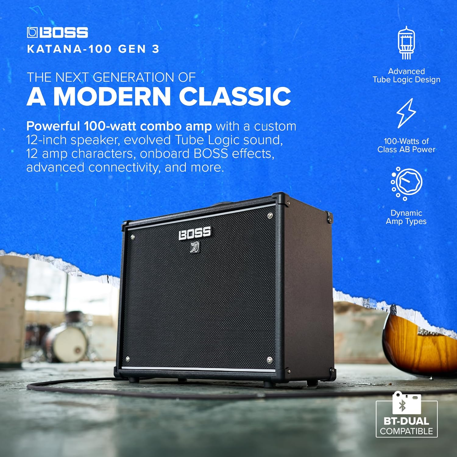 BOSS Katana-100 Gen 3 Guitar Amplifier | Powerful 100-Watt Combo Amp | Custom 12-Inch Speaker | Evolved Tube Logic Sounds | 12 Amp Characters | Onboard BOSS Effects | Advanced Connectivity & More image number 3