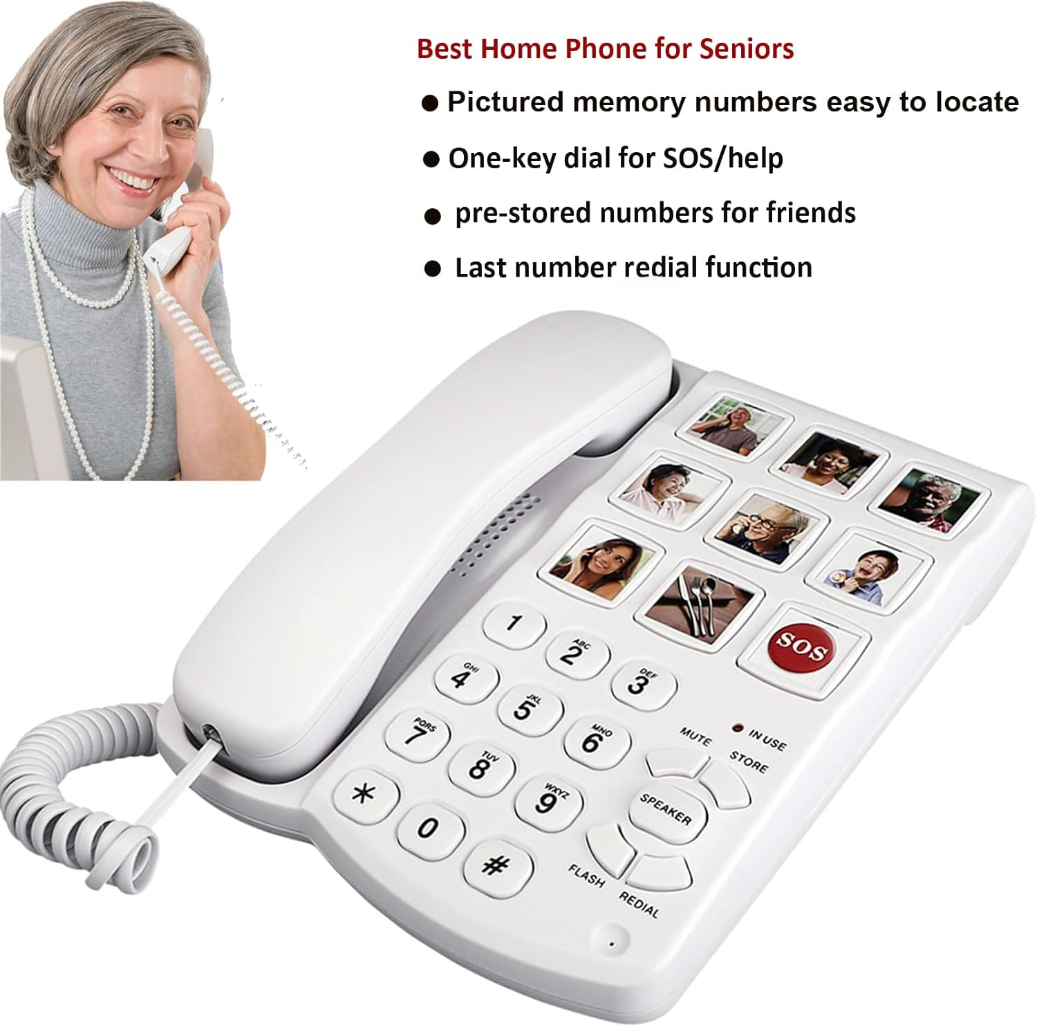 Telpal Big Button Corded Telephone with Speaker for Seniors Elderly, Amplified One Button Touch Picture Landline Phone for Old People, SOS Desk Telephones with Easy to Read Digit Numbers image number 6