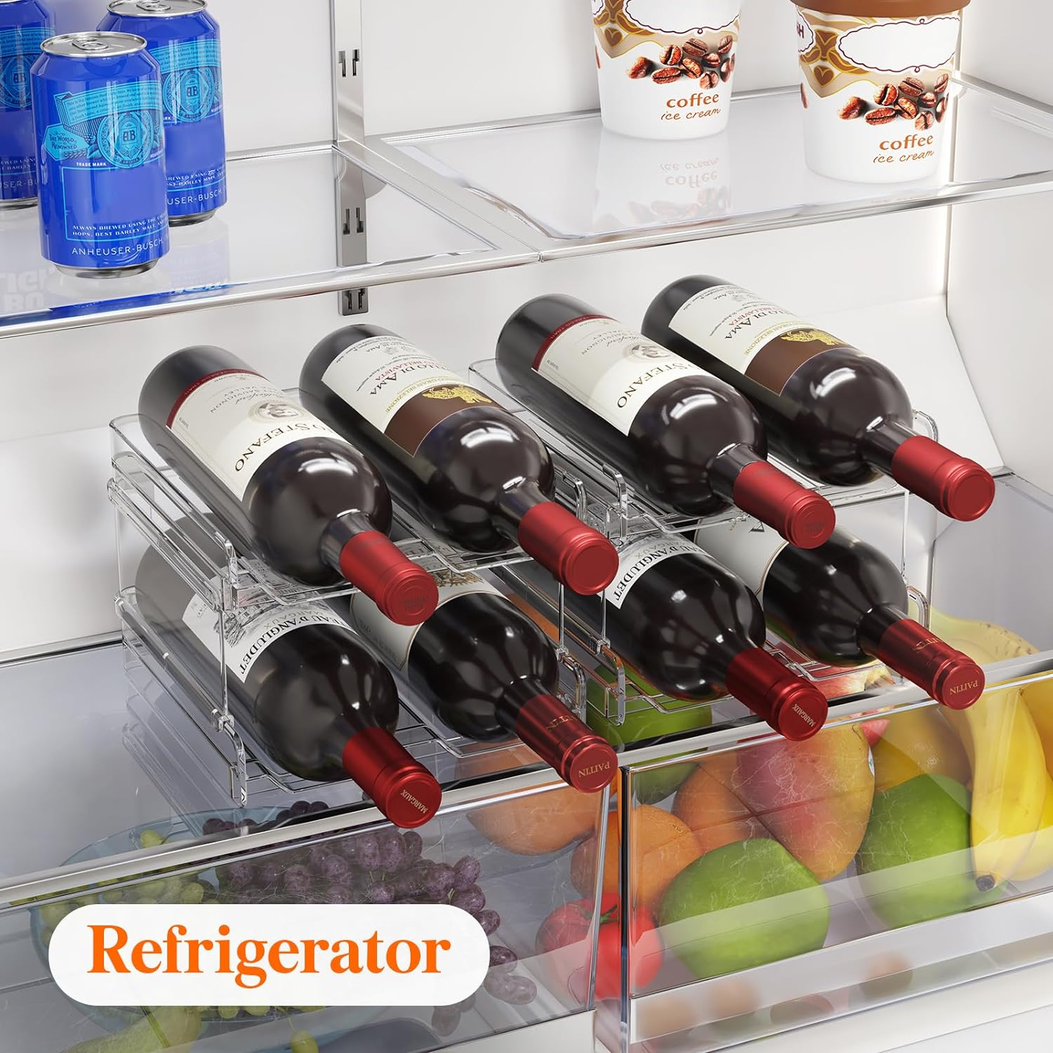 Lifewit Plastic Stackable Wine Rack for Refrigerator, Cabinet, Countertop,Wine Bottle Holder, Water Bottle Organizer for Fridge, Pantry, Hold 4 Bottles image number 5