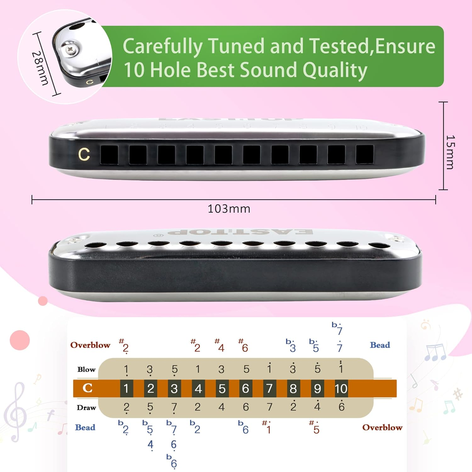 EAST TOP Junior Harmonica,Smoothly Rounded Edge 10 Holes C Key Blues Mouth Organ Harmonica for Kids and Children as Gift,With Fabric Cloth Pouch,Colourful Box, Black image number 6
