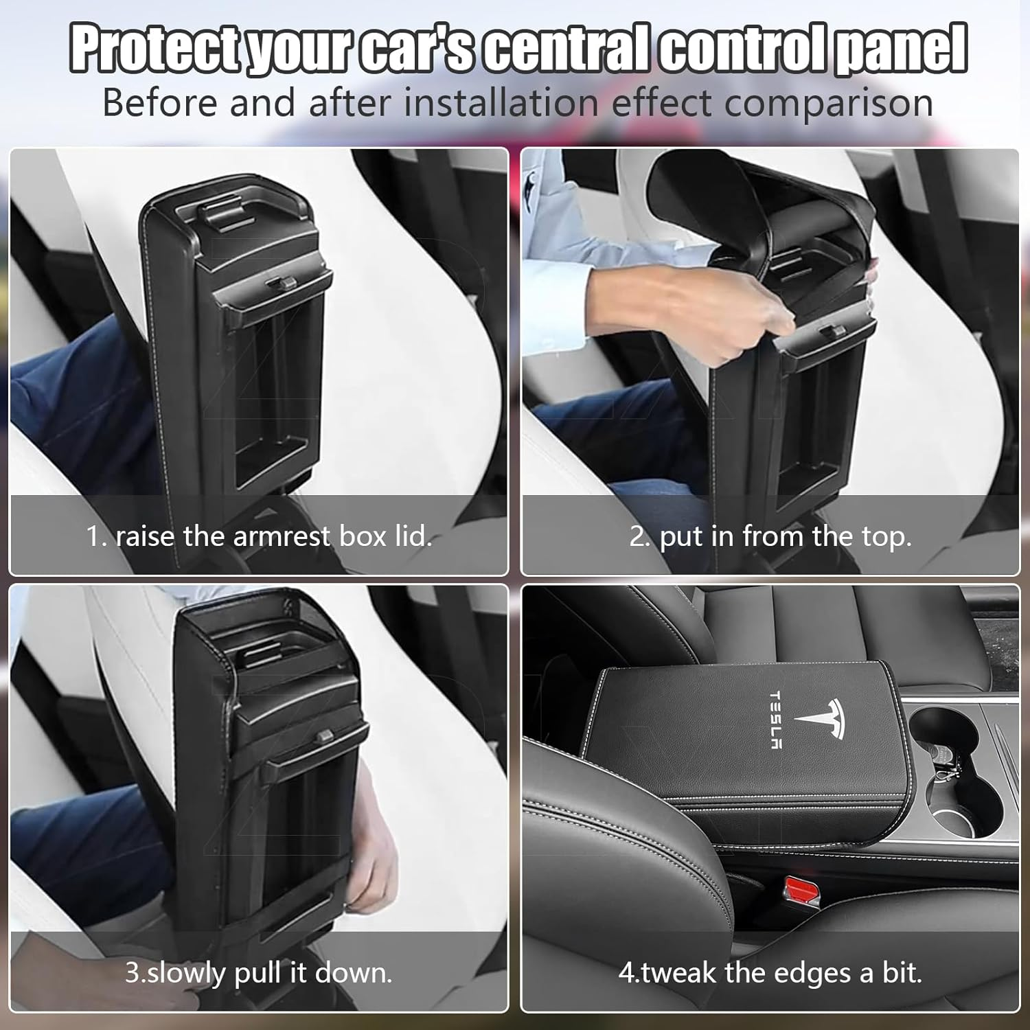 Armrest Cover for Tesla Model 3 Highland Model Y 2024-2017, PU Leather Center Console Arm Rest Anti-Scratch Protector Pad, Non-Slip Interior Accessories for Tesla Model 3 2024 (Black) image number 2