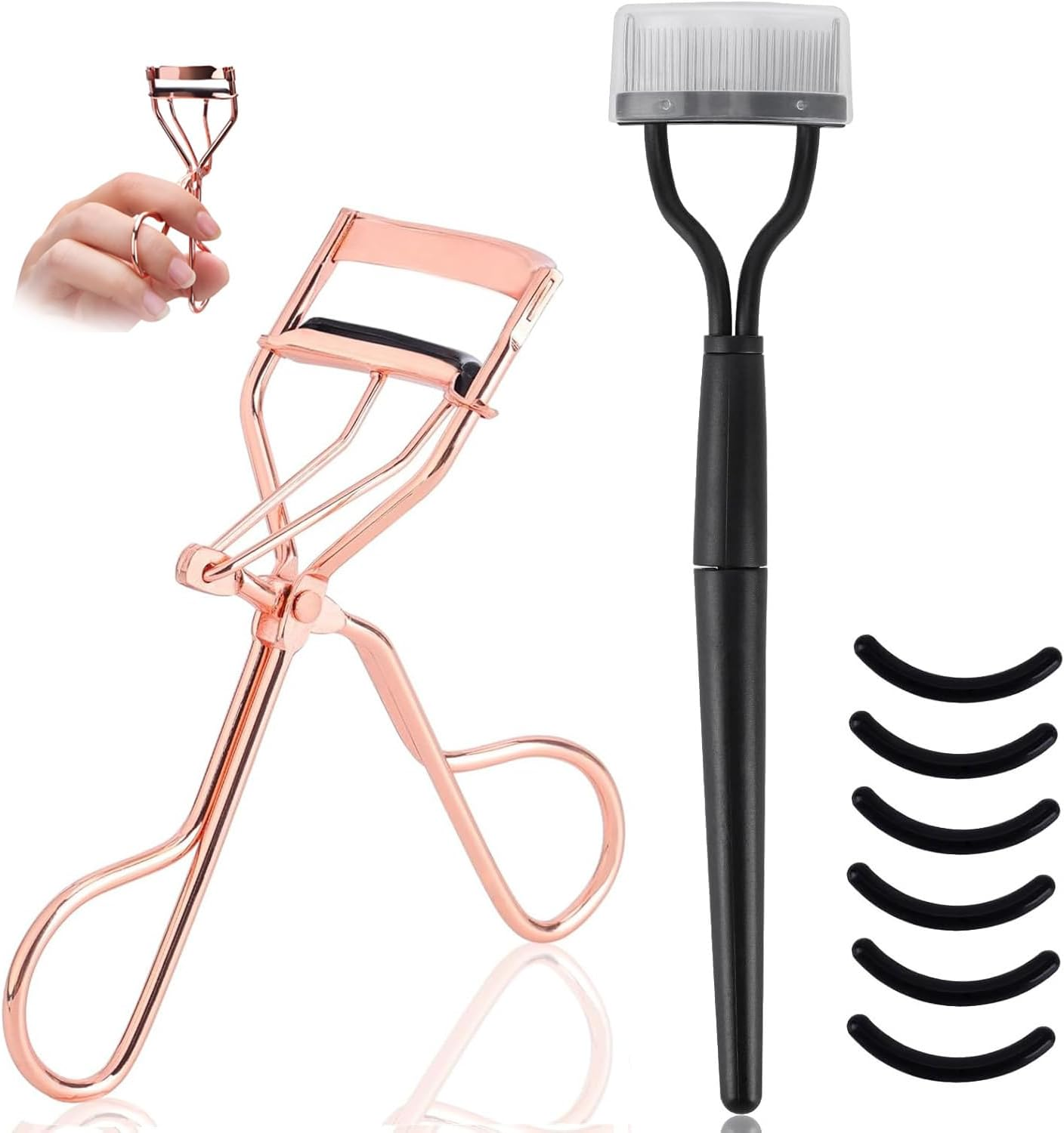 Eyelash Curler and Comb Set with 6 Refills,Mascara Applicator and Gentle Lash Separator(Rose Gold,Black)