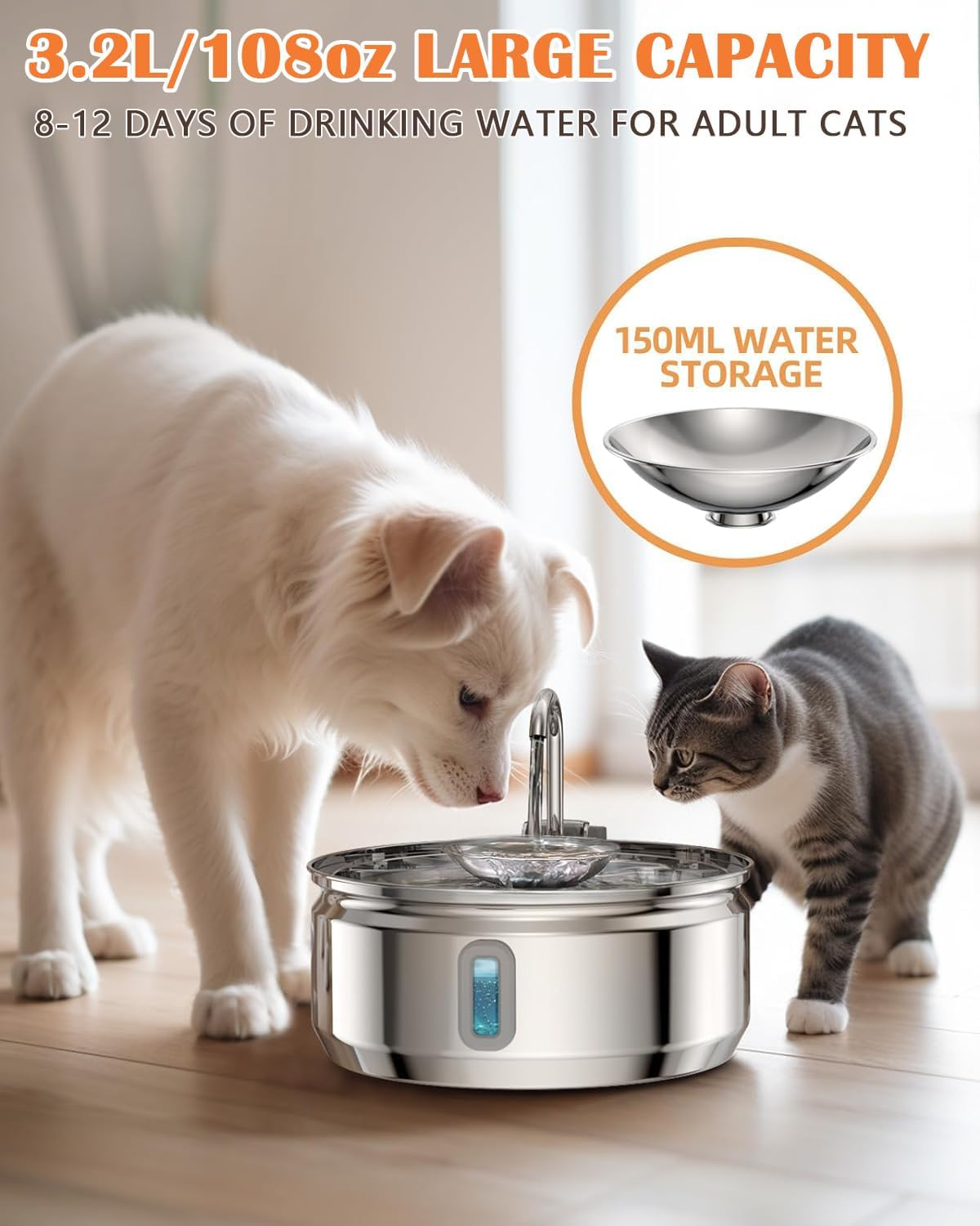 Cat Water Fountain Stainless Steel, 3.2L/108Oz Pet Water Fountain for Drinking, Automatic Metal Dog Dispenser Bowl with Quiet Pump with 5 Filters, Filtration for Cats, Dogs, Multiple Pets Indoor image number 2