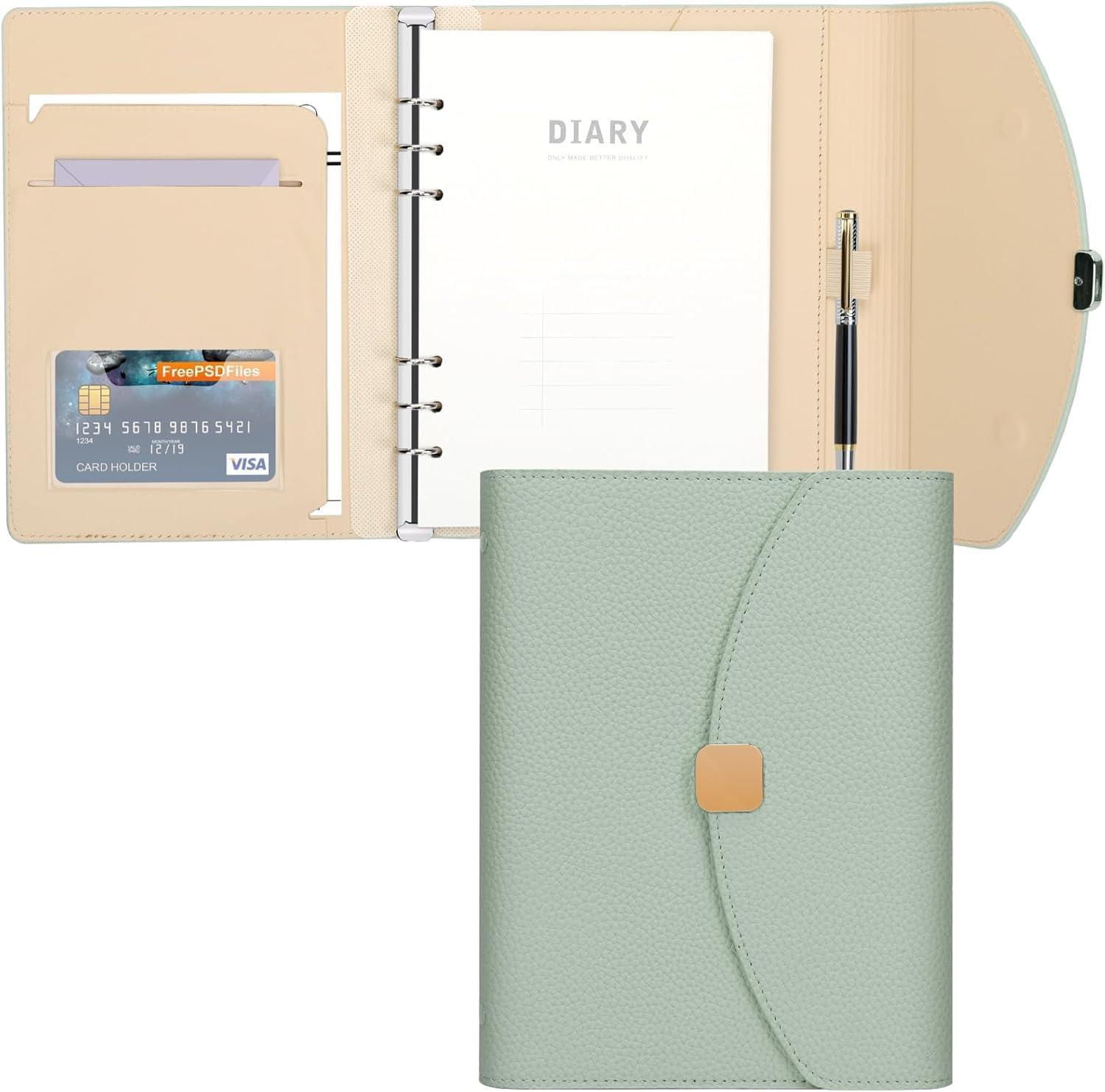 FYY PU Leather A5 Binder Notebook - Refillable 6 Ring Planner with 100 Sheets/200 Pages Refillable Lined Paper for School Office Travel - Sage Green