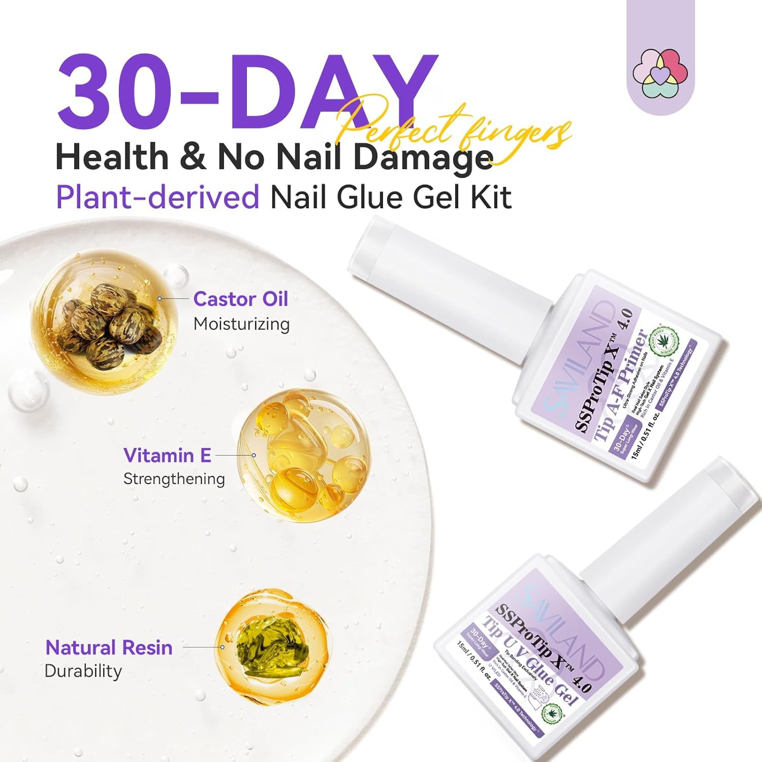 SAVILAND Gel Nail Glue Duo Set: Extra Strong U V Nail Glue Gel with Nail Primer Rich in Castor Oil Vitamin E for 30-Day Long Lasting Gel Glue for Nails False Nail Tips Press Ons Home Ssprotip X 4.0 image number 2