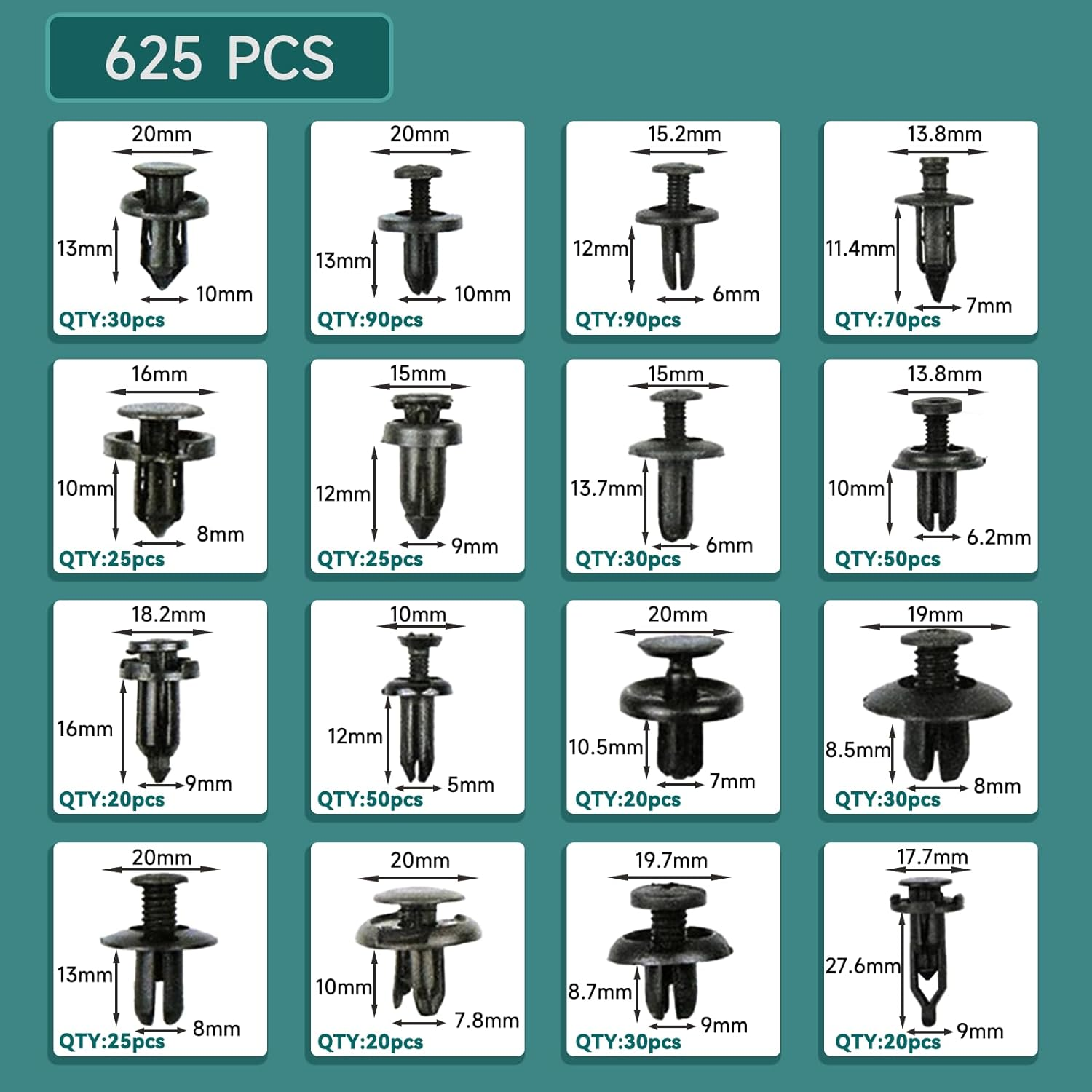 Car Retainer Clips Set 625-Piece - Car Fastener Clip Kit Universal with Removal Tool, 16 Sizes for Door Panel, Bumper, Fender & Interior Trim - Car Push Retainer Clips Replacement