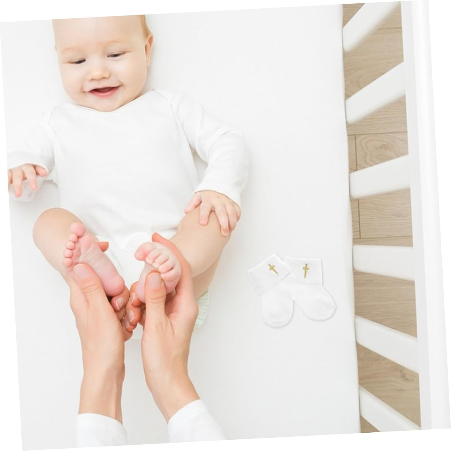 CONGARTENO 1Pair Baptism Socks Cotton Boy Girl Christening Booties for Year Old Soft Breathable Stylish Turn Design for Newborns for First Communion and Special Occasions image number 6