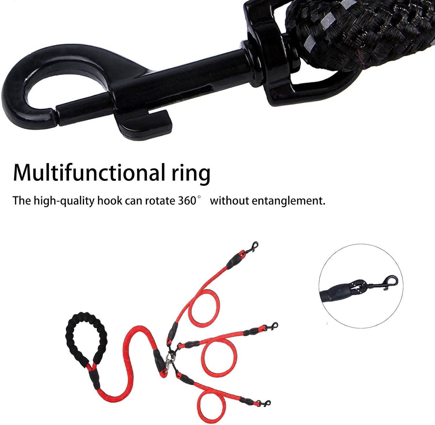 Greeney 3 Way Dog Leash,No Tangle Multiple Dog Rope Leash Nylon Pet Straps for Dog Outdoor Walking (Red) image number 6