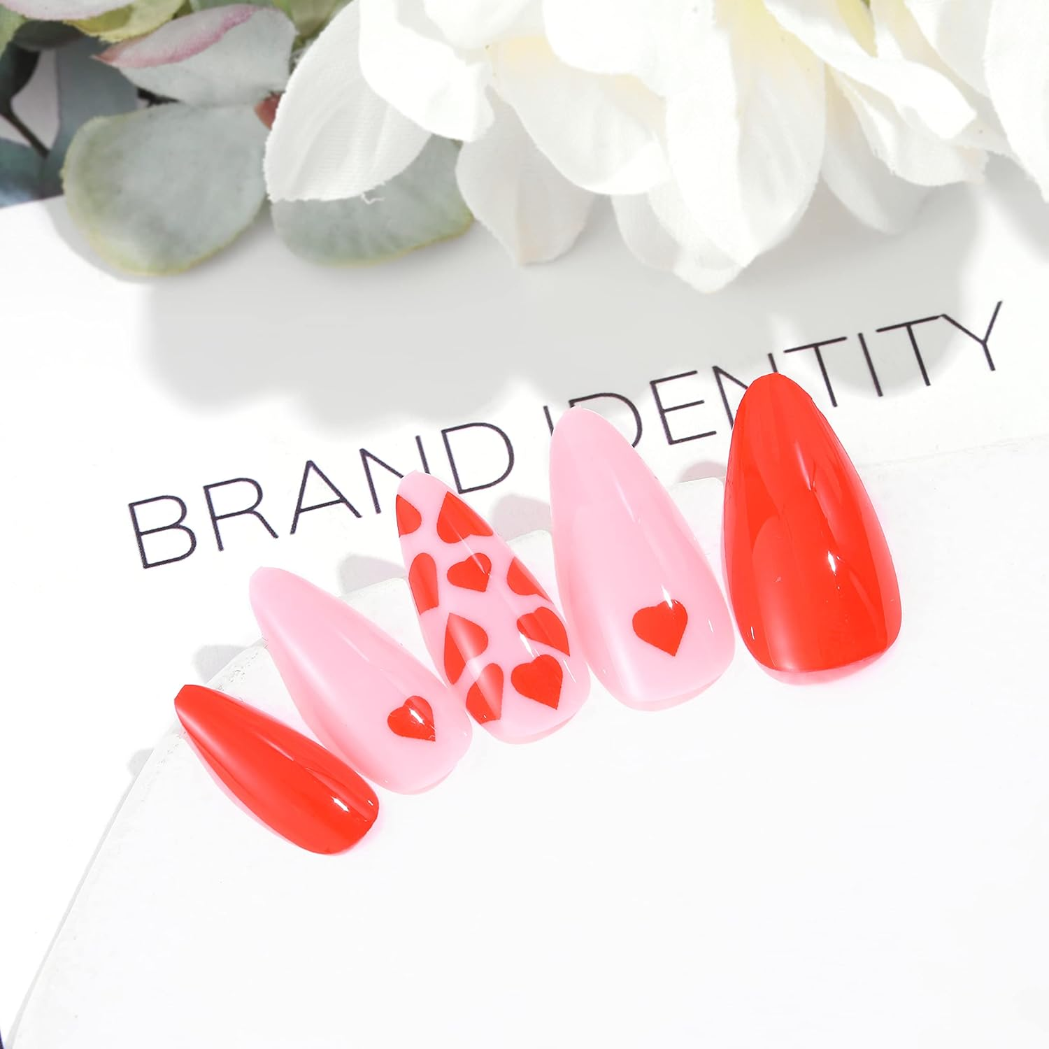 Sethexy Almond False Nails Heart Print Stiletto Stick on Nails Pink Fake Nails 24Pcs Acrylic Art Press on Nails for Women and Girls image number 6