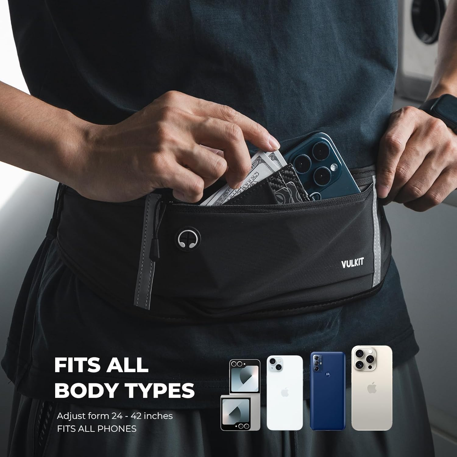 VULKIT Slim Running Belt for Women & Men, Cell Phone Holder for Running, Workout Fanny Pack, Running Bag, Money Belt, Runners Essentials Gear Accessories, Fits All Phones, Running Pouch for Men, Black