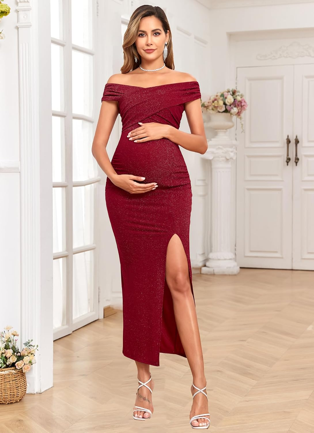 Off Shoulder Maternity Sparkly Split Dress Stretchy Fitted Pregnancy Dresses Semi Formal Baby Shower Photoshoot image number 5