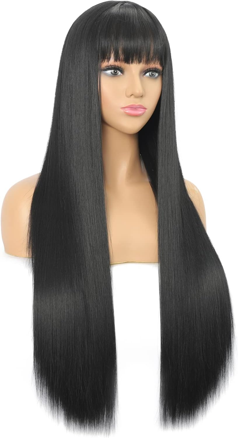 Sangrui Black Long Straight Wig with Fringe for Women, 75 Cm Synthetic Fibre Straight Wigs, Long Black Fringe Bangs Wig image number 3