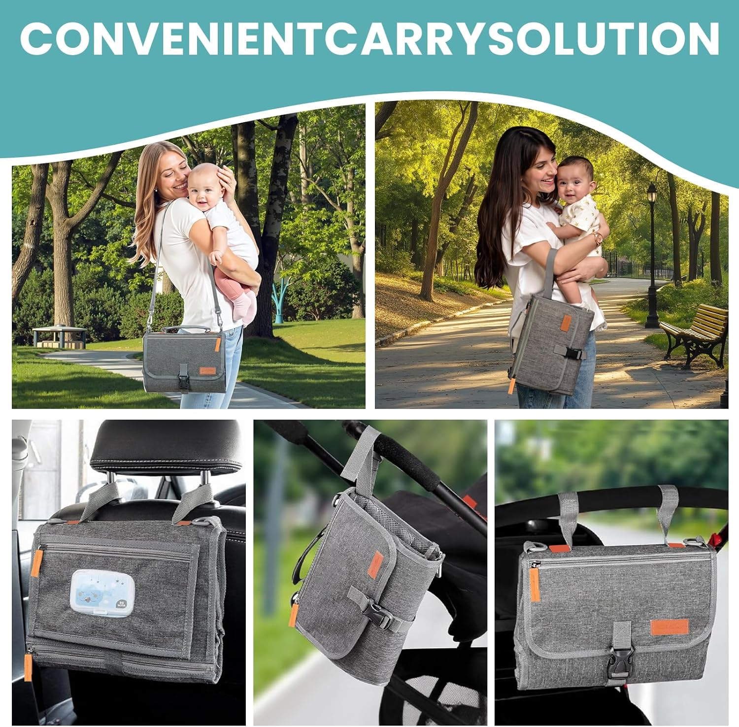 UBRAVOO Portable Diaper Changing Pad - Baby Diaper Changer Travel Bag with Wipes Pocket, Smart Design Portable Changing Mat, Infant Travel Station Kit, Gift for Newborn Girl & Boy (Grey) image number 2