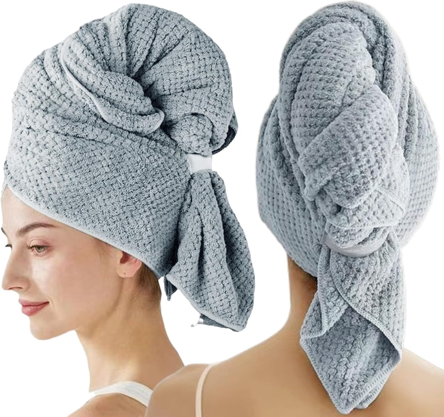 Pack of 2 Microfibre Hair Towels, 100 X 60 Cm, Hair Turban with Elastic Band, Microfibre Towel Hair, Quick Drying, Hair Turban Microfibre for Long Hair, Curly Hair, Thick (Grey) image number 4