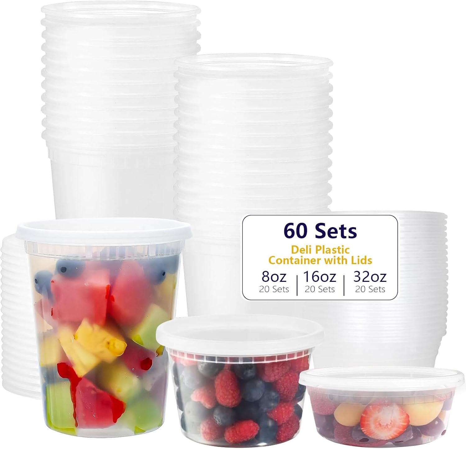 60-Set Deli Containers with Airtight Lids [20Sets-8Oz, 20Sets-16Oz, 20Sets-32Oz] - Bpa-Free, Leakproof, Microwave, Dishwasher & Freezer Safe - Good for Meal Prep, Portion Control, and Food Storage image number 3