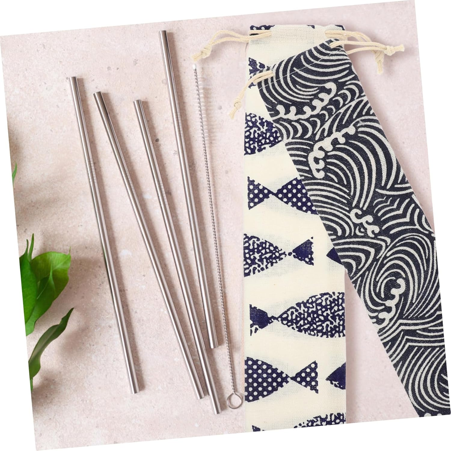 MOTHNUR Straw Carrying Case and Drawstring Storage Pouch, Cotton Linen Material, Reusable Travel Cutlery Bag for Fork Spoon, 5Pcs Mixed Style Set image number 4