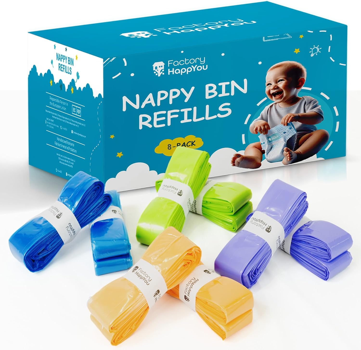 8 Pack 7.5 Metre Long Nappy Bin Refill Bags Compatible with Tommee Tippee, Sprout, Litterlocker, Angelcare, White image number 1