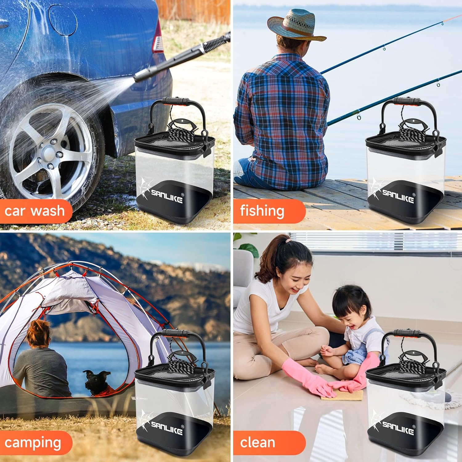 KOMCLUB Collapsible Bucket Foldable Portable Water Bucket with Handle for Camping Fishing Hiking Travelling Gardening 12L Transparent image number 2