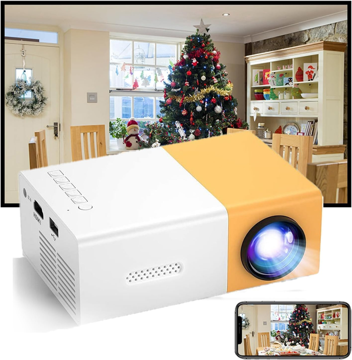 Mini Projector, Full HD 1080P Video Projector Built in Hifi Speaker, Portable LED Pico Projector Compatible with HDMI,USB,AV, TF Card, Home Theater Movie Projector for Kids (AU