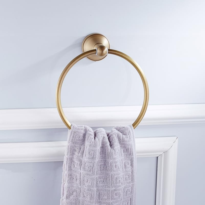 LIFKOME Brass round Towel Ring - Antique Style Brushed Brass Towel Rack Bathroom Hanging Accessories Wall Mounted for Home School Hotel and Public Toilets