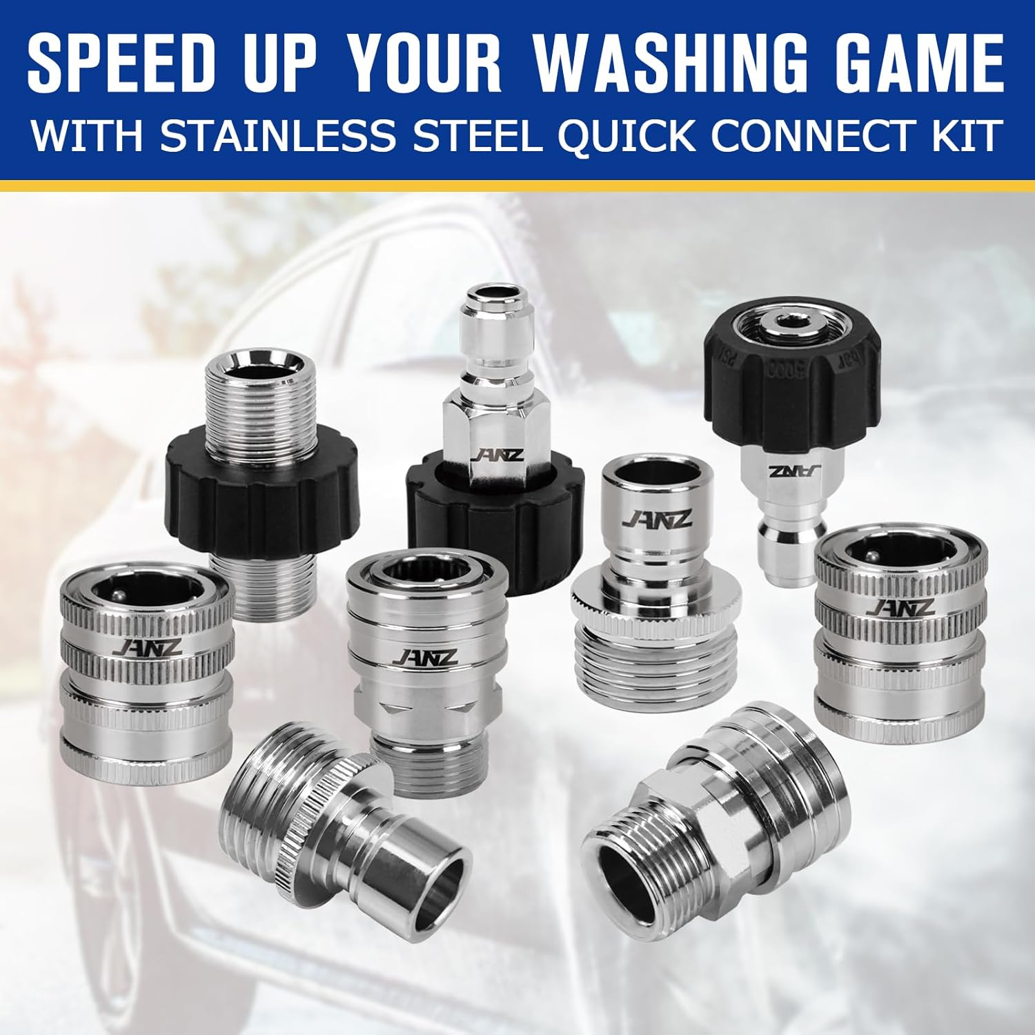 Janz Pressure Washer Adapter Set, M22 to 3/8 Inch Quick Disconnect Kit, 3/4 Inch to Quick Disconnect, Male M22 Hose Adapter, Stainless Steel, 9-Pack image number 3