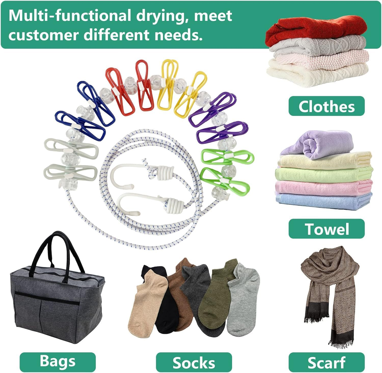 Wzenclave Retractable Portable Clothesline for Travel Clothing Line with 12 Clothes Clips and 13 Cord Lock It'S Suitable for Indoor and Outdoor Balcony Outdoor Camping Use Multicolor Drying Line image number 6