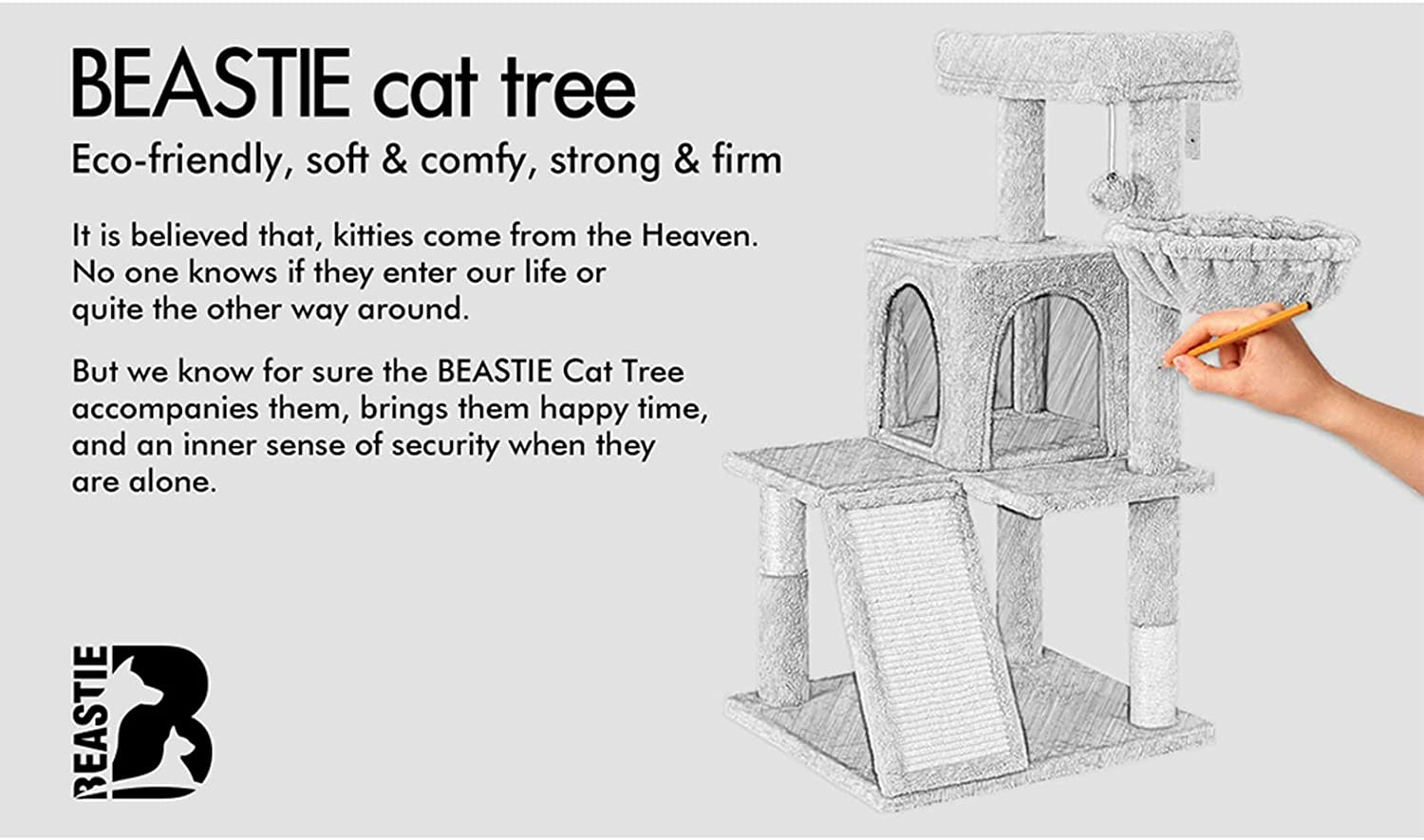 BEASTIE Cat Tree 100Cm Multi-Level Cat Tower with Scratching Posts, Cat Condo Play House Wood Furniture for Kittens Climbing and Rest, Sisal-Covered Cat Scratcher Tower with Plush Perch in Grey Colour - Grey image number 2