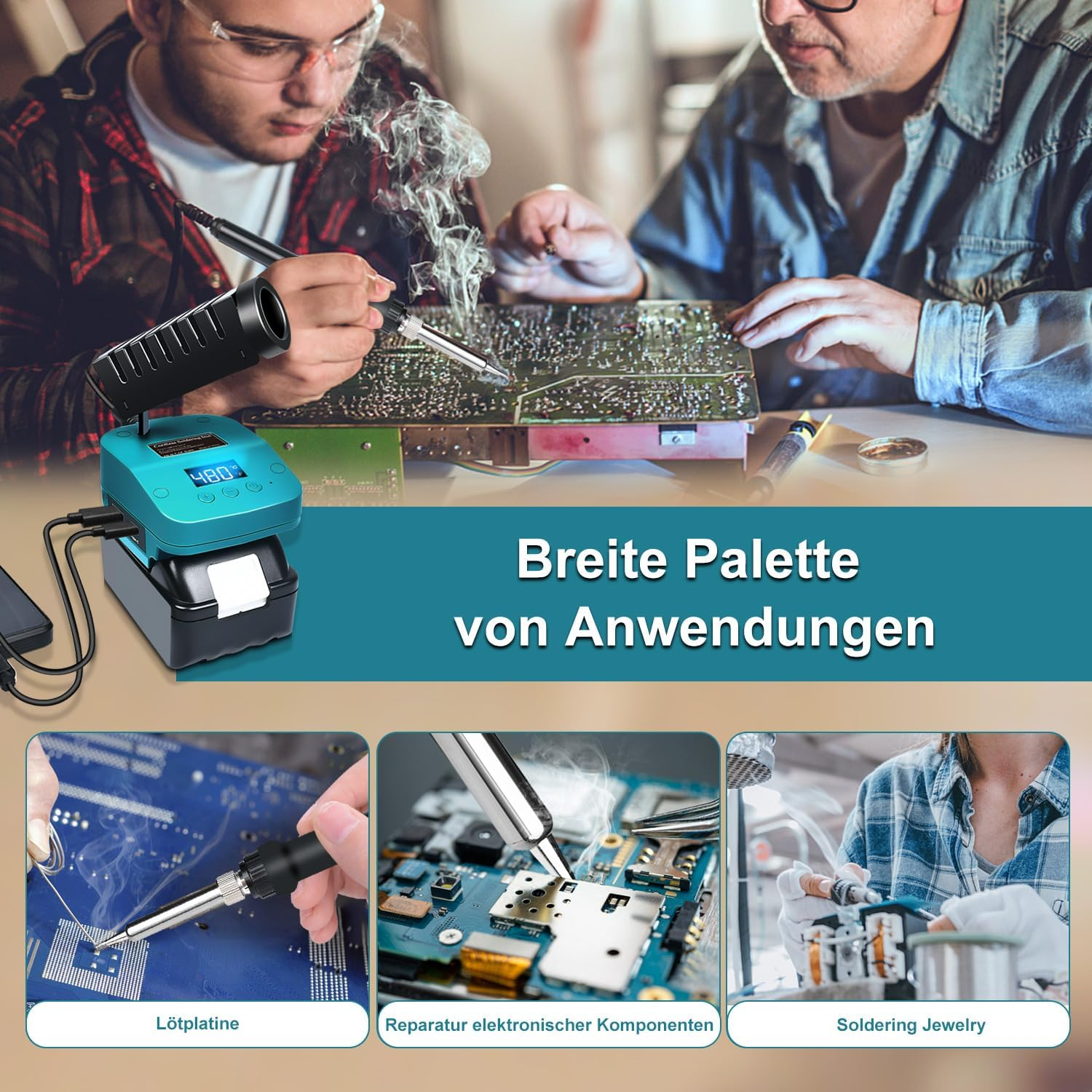 Wireless Soldering Iron for Makita 18 V Battery, Fast Heating, Electric Digital LCD Soldering Station with USB and Type C Charging Ports, Portable Adjustable Soldering Iron Set for DIY Enthusiasts