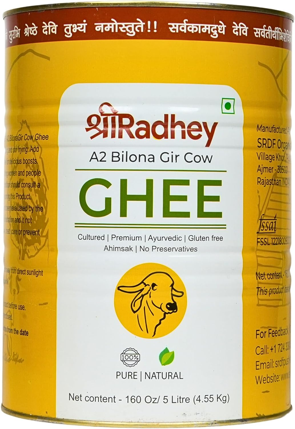SHREE RADHEY A2 Bilona Gir Cow Ghee | 5 Litre | Traditional Bilona Method | Cultured | Premium | Immunity Booster | Pure | Natural | Healthy | Fresh | Lactose and Gluten Free | Keto Friendly | Food Grade TIN image number 5
